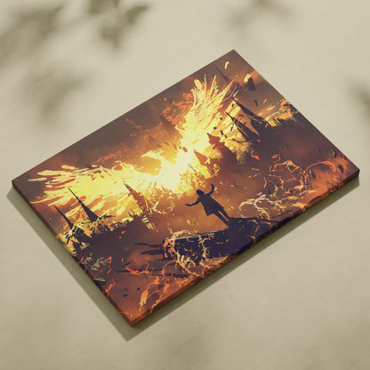 Rectangular canvas print featuring fiery angel wings with silhouetted warriors on an orange and yellow backdrop for gothic decor