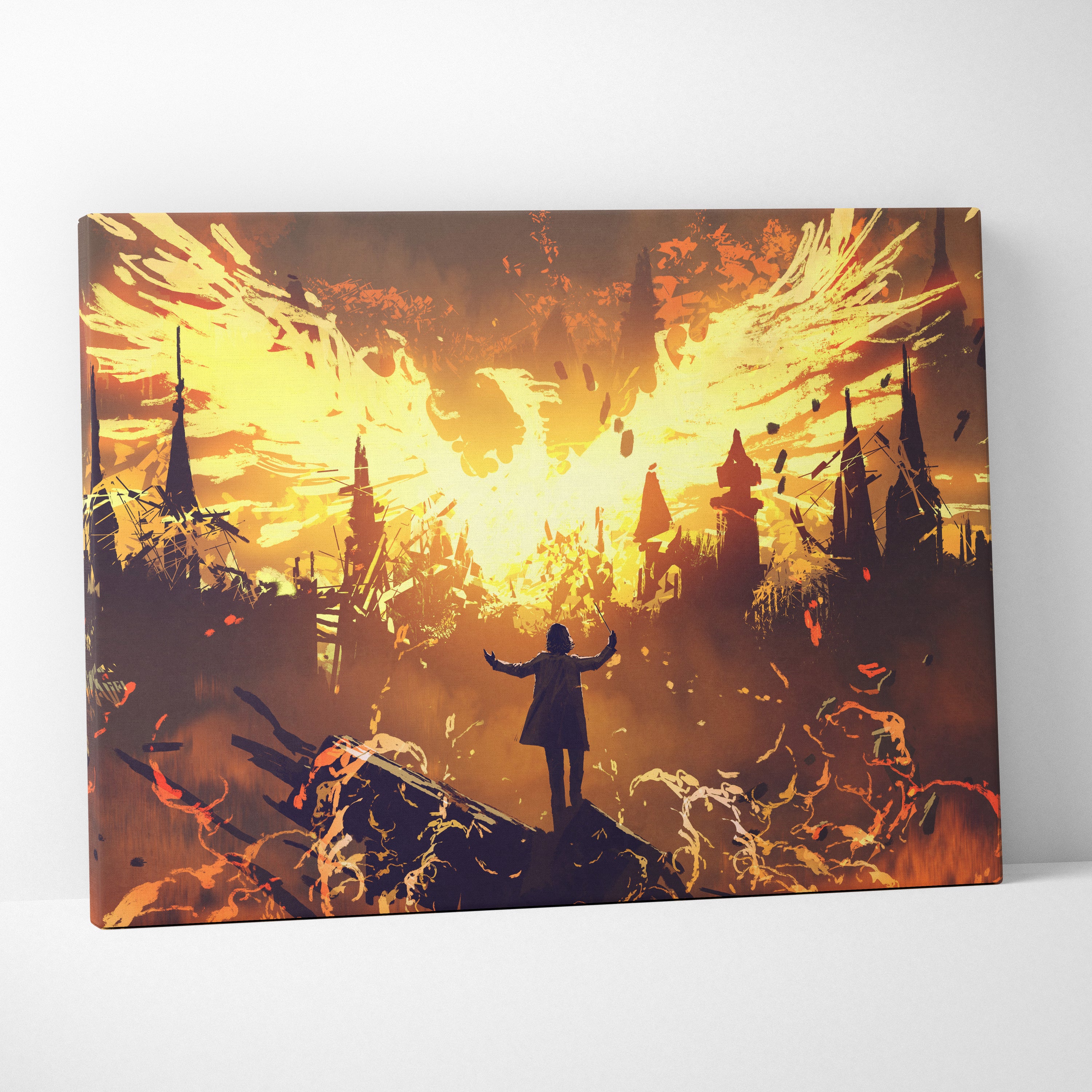 Fiery angel wings canvas wall art print showing a lone figure before an apocalyptic orange and yellow skyline flame scene