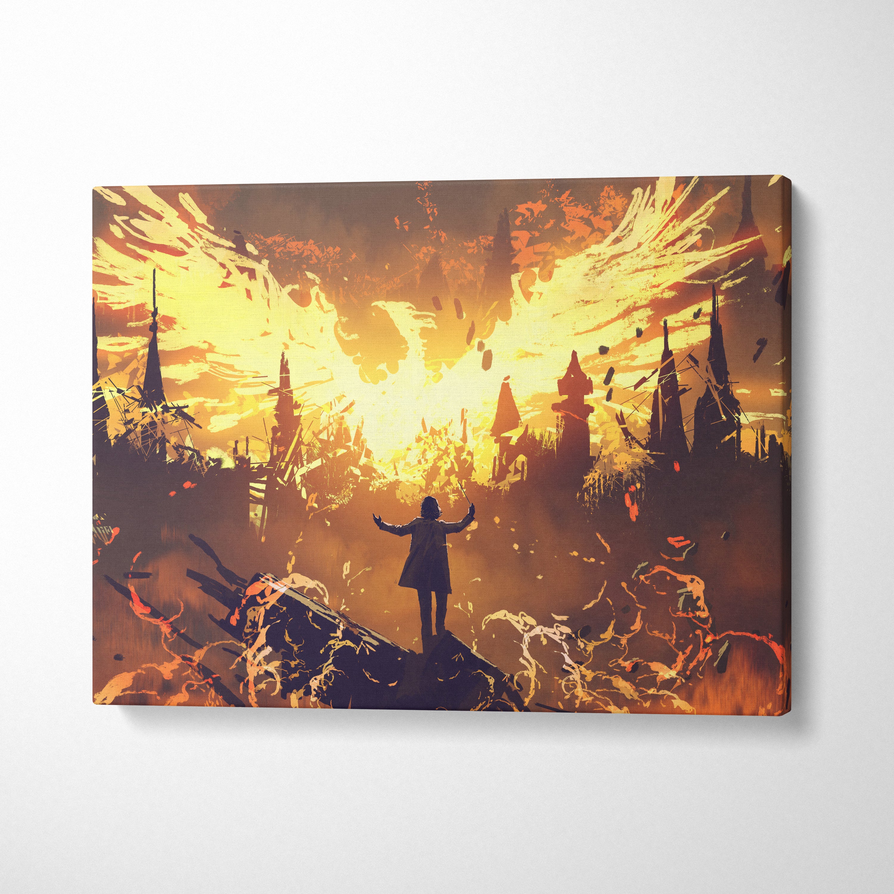 Fiery angel wings canvas wall art print with vibrant orange and yellow digital art of lone dark fantasy warrior
