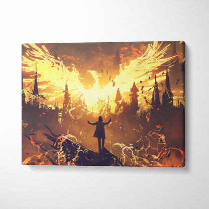 Fiery angel wings canvas wall art print with vibrant orange and yellow digital art of lone dark fantasy warrior