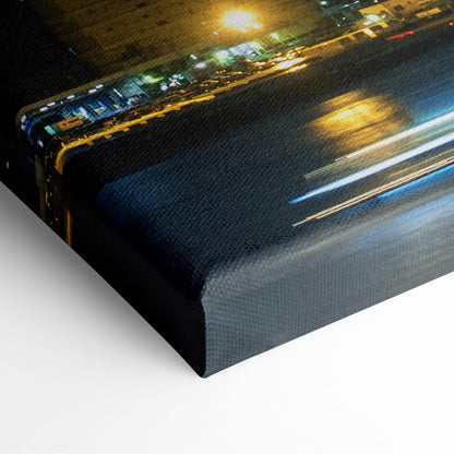 Black canvas print of nighttime cityscape with electric blue lightning storm and blurred light trails for urban decor