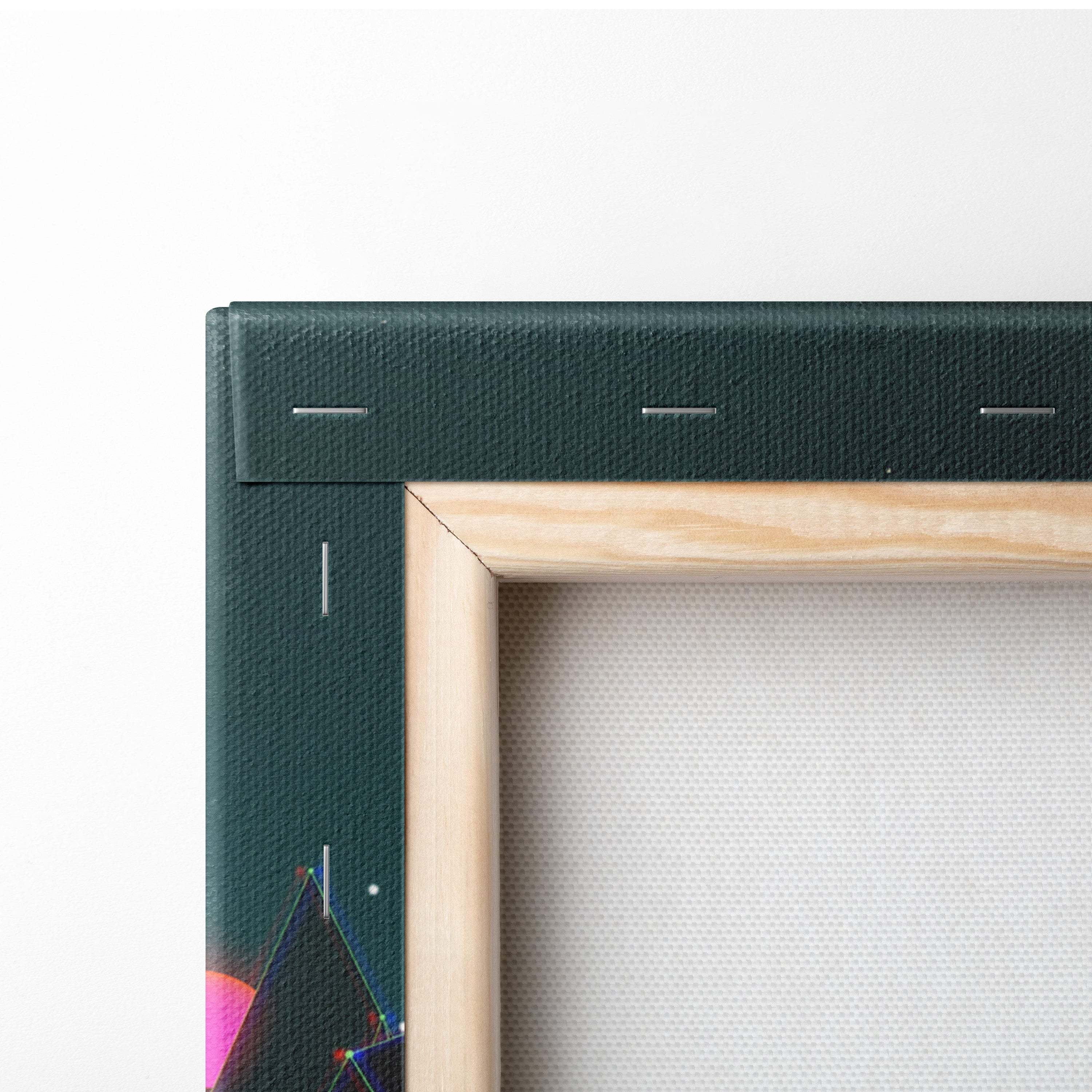 Dark green canvas vaporwave neon grid landscape art print with light wood frame for retrowave wall decor