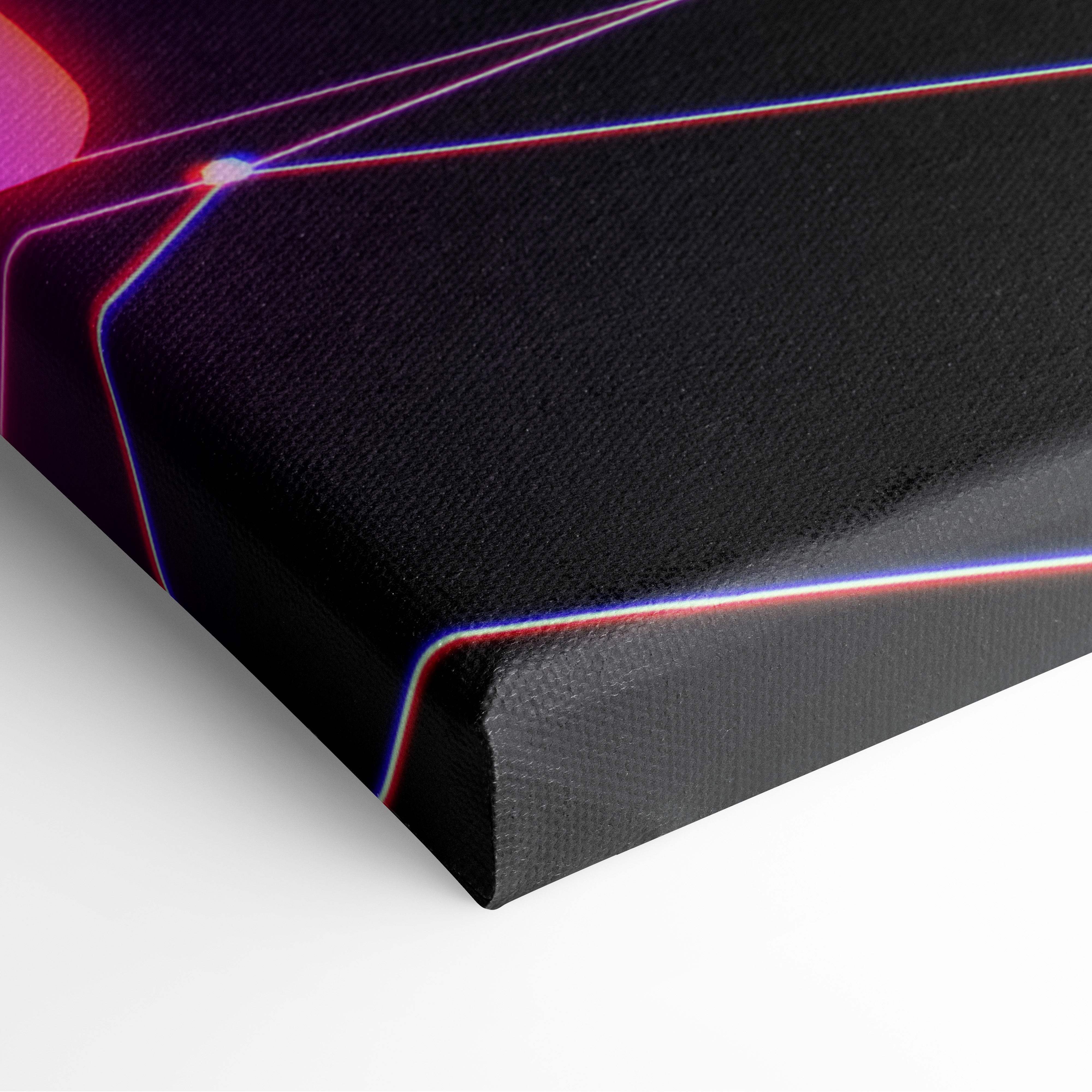 Black canvas print with glowing neon red and blue geometric lines vaporwave neon grid landscape wall decor