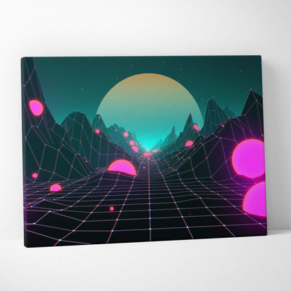 Vaporwave neon grid landscape canvas art print featuring glowing pink orbs teal synthwave mountains and a gradient sun