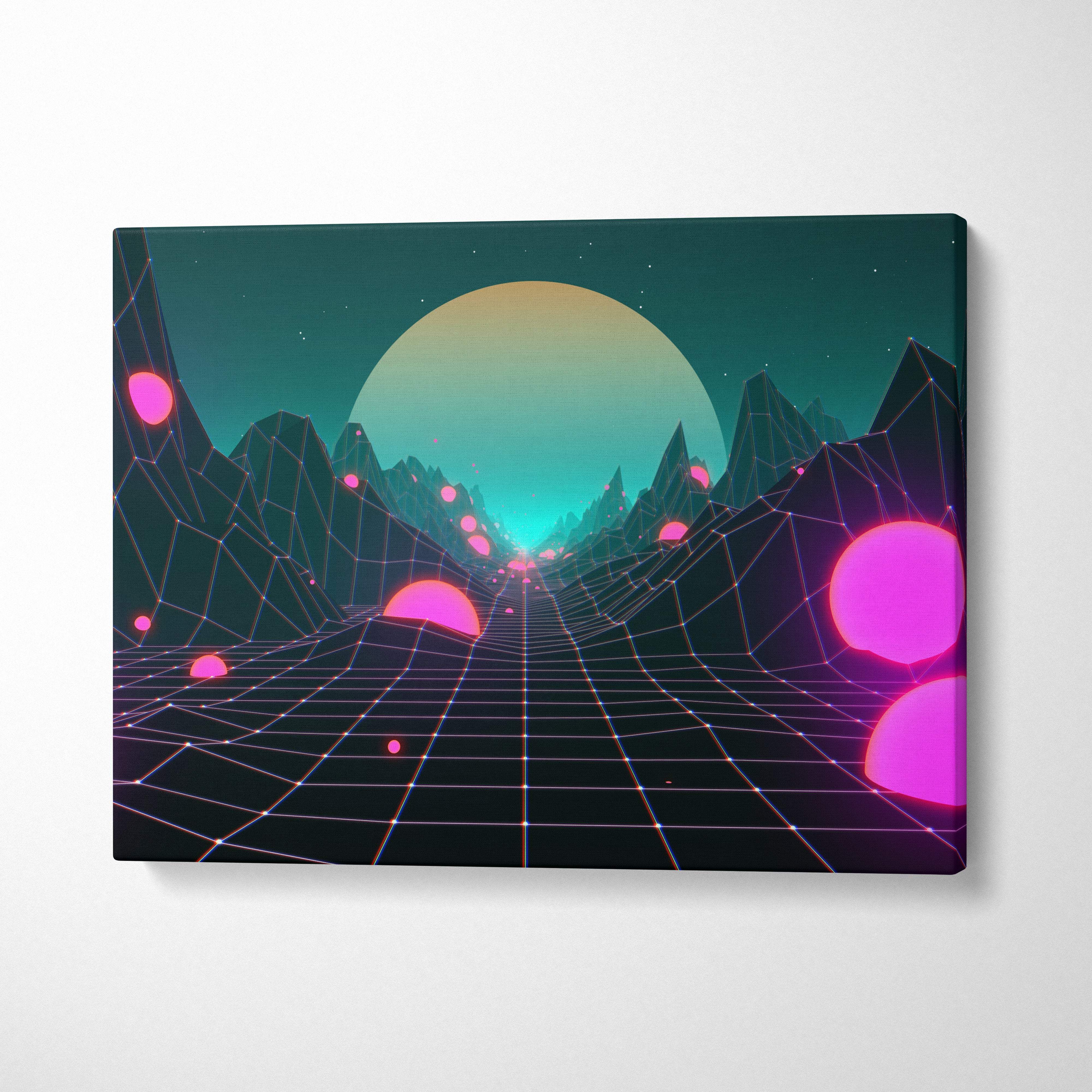 Vaporwave neon grid canvas art print with glowing pink spheres teal gradient sky and geometric mountains wall decor