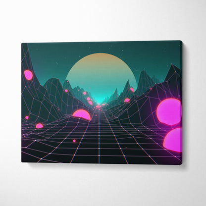 Vaporwave neon grid canvas art print with glowing pink spheres teal gradient sky and geometric mountains wall decor