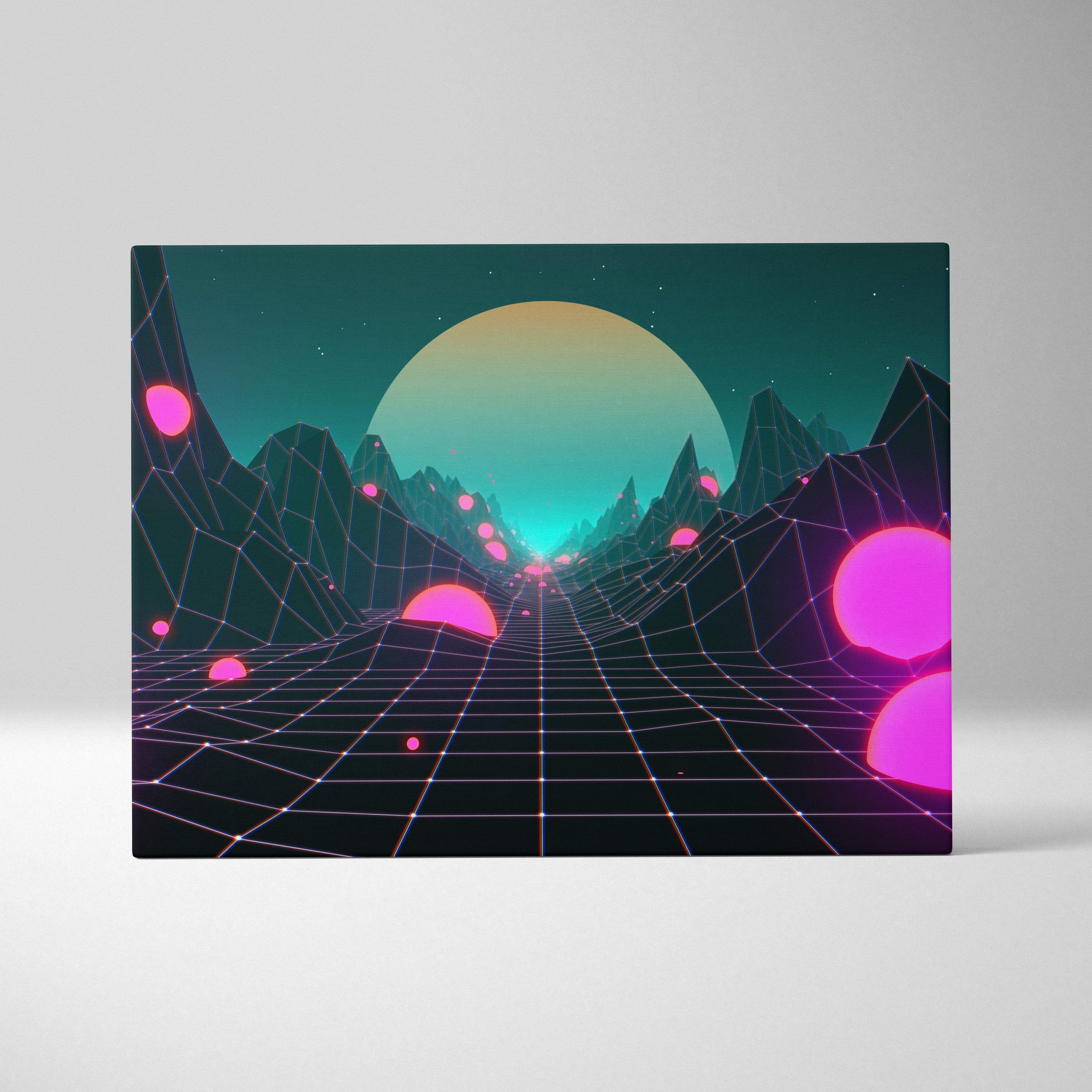 Vaporwave neon grid landscape canvas art print featuring vibrant neon pink and teal geometric mountains with glowing spheres and gradient sunset