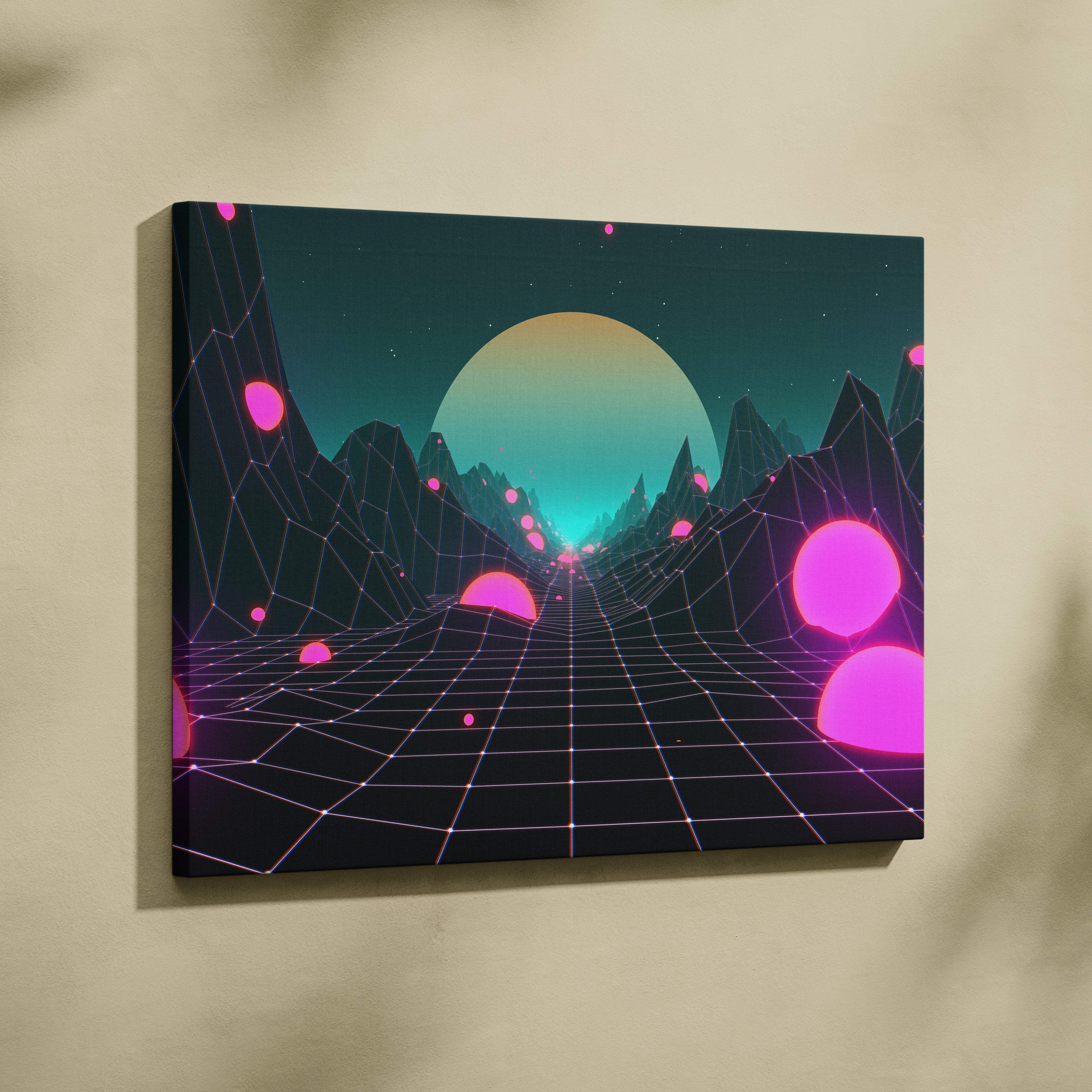 Vaporwave neon grid landscape canvas art print with glowing pink and teal synthwave mountains and floating orbs