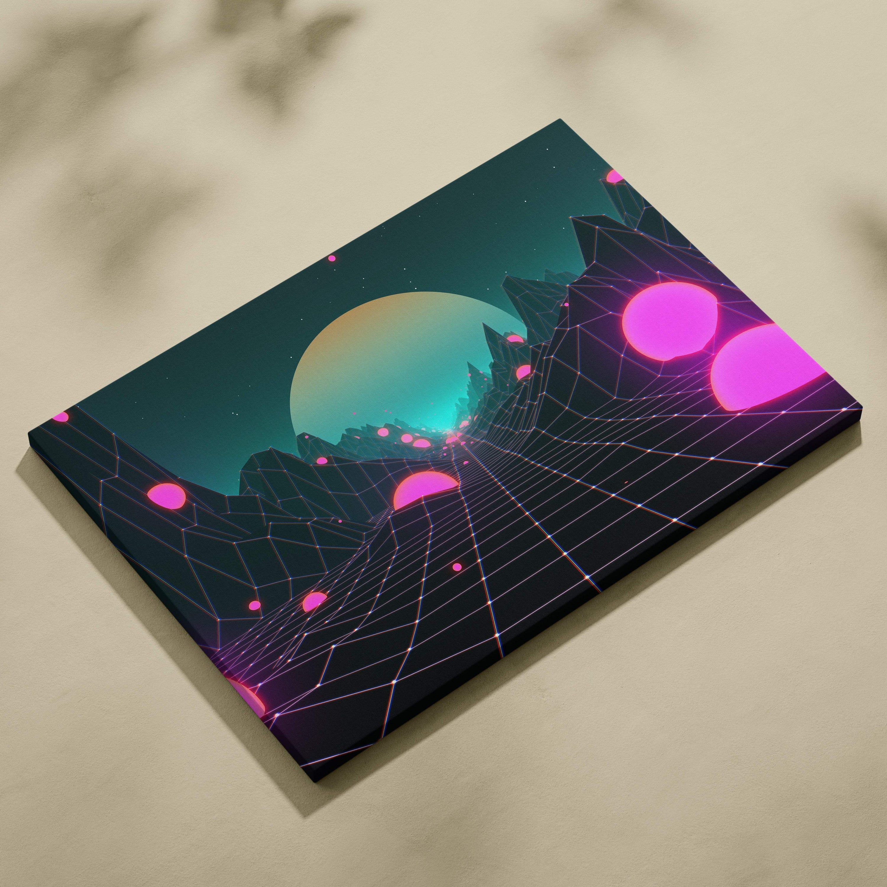 Vaporwave neon grid landscape canvas art print featuring glowing pink orbs and teal synthwave mountain horizon design