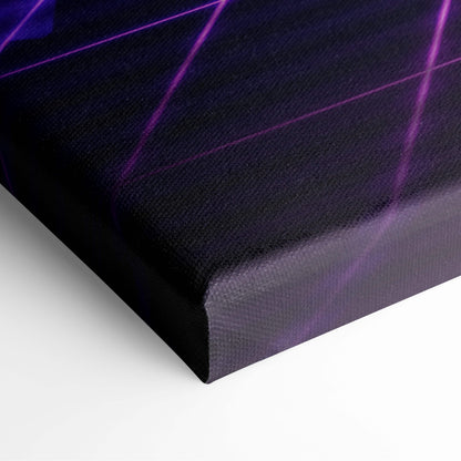Black canvas print with intersecting purple laser lines featuring a vaporwave neon grid sunset design