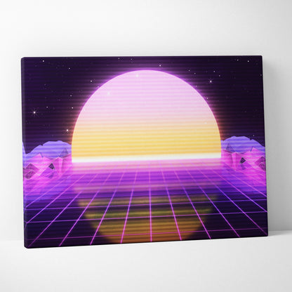 Vaporwave neon grid sunset canvas art print featuring a glowing gradient sun over a purple and yellow geometric landscape