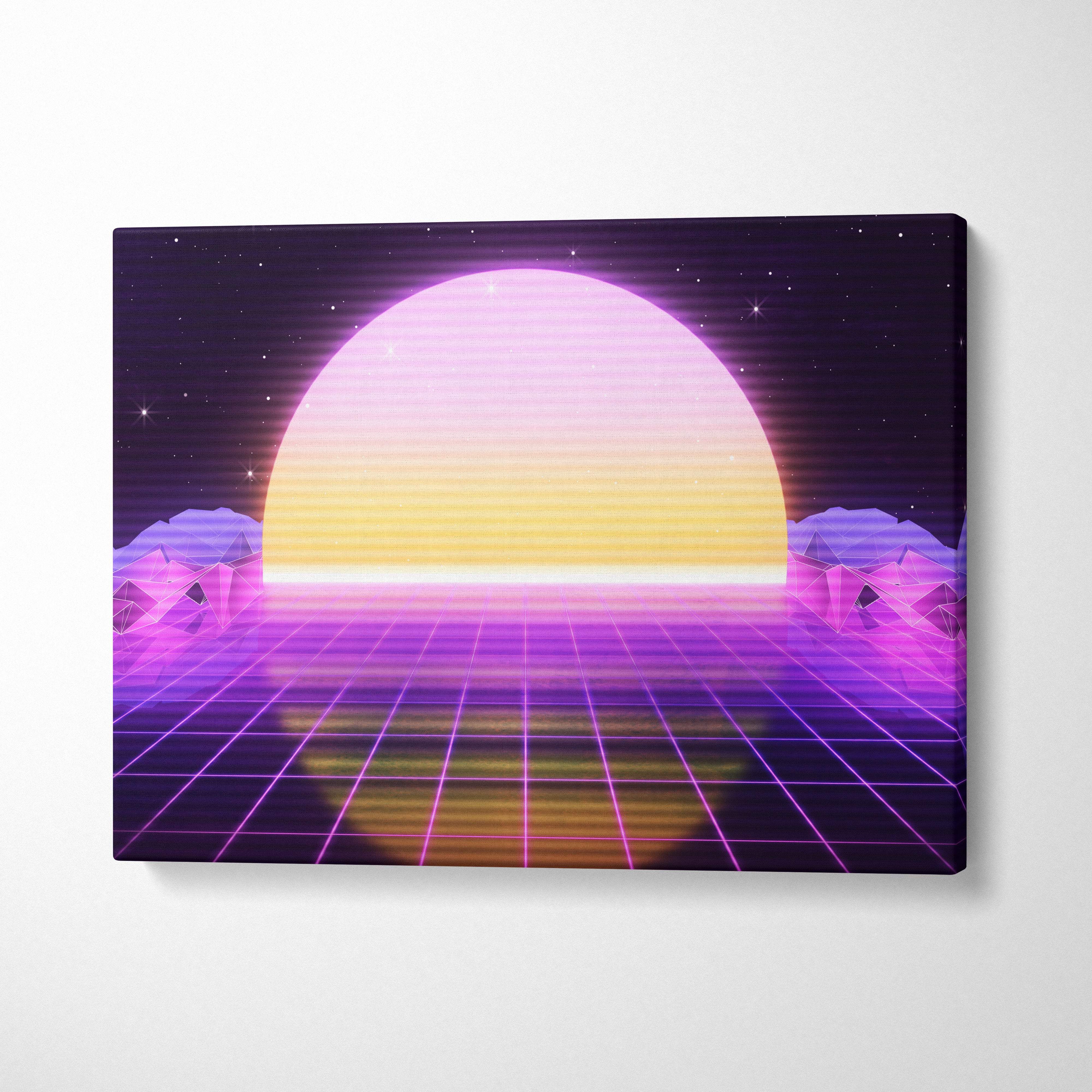Vaporwave neon grid sunset canvas art print featuring a glowing yellow and pink sun over a purple synthwave mountain landscape