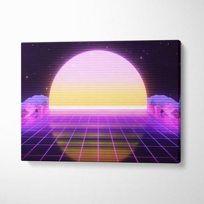 Vaporwave neon grid sunset canvas art print featuring a glowing yellow and pink sun over a purple synthwave mountain landscape