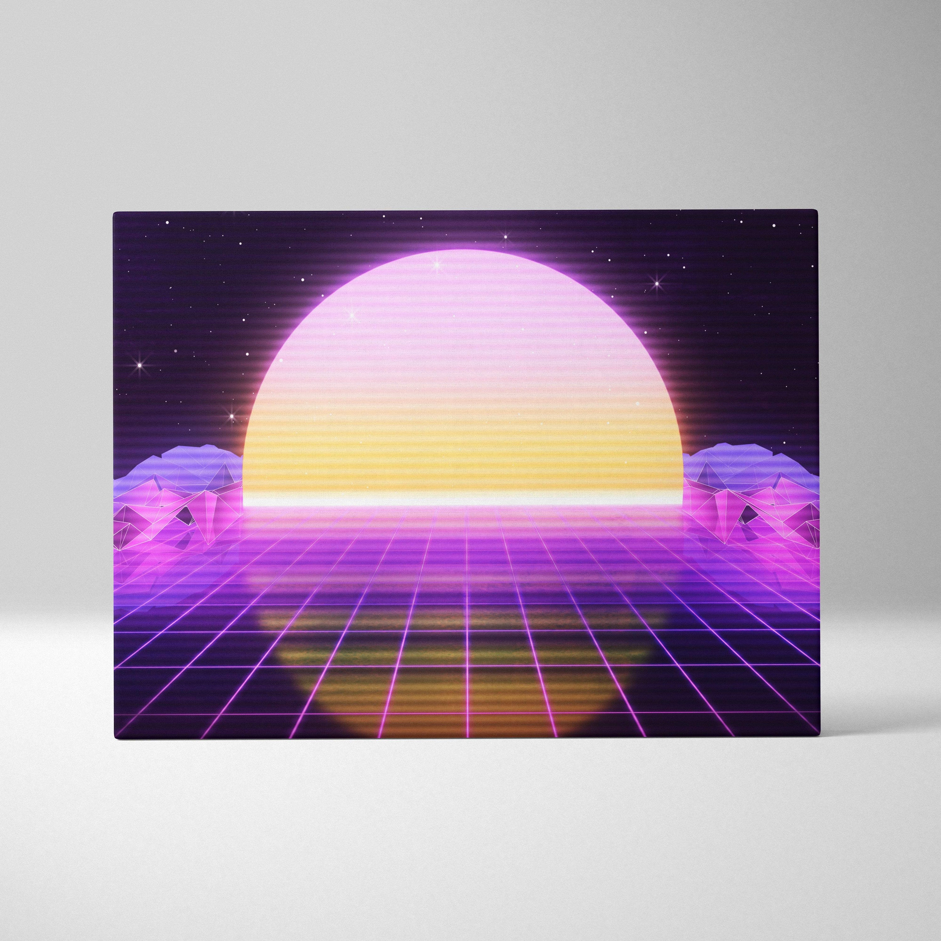 Vaporwave neon grid sunset canvas art print with purple synthwave horizon and glowing gradient sun over geometric mountains