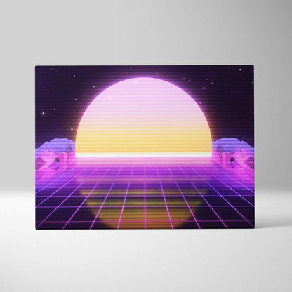 Vaporwave neon grid sunset canvas art print with purple synthwave horizon and glowing gradient sun over geometric mountains