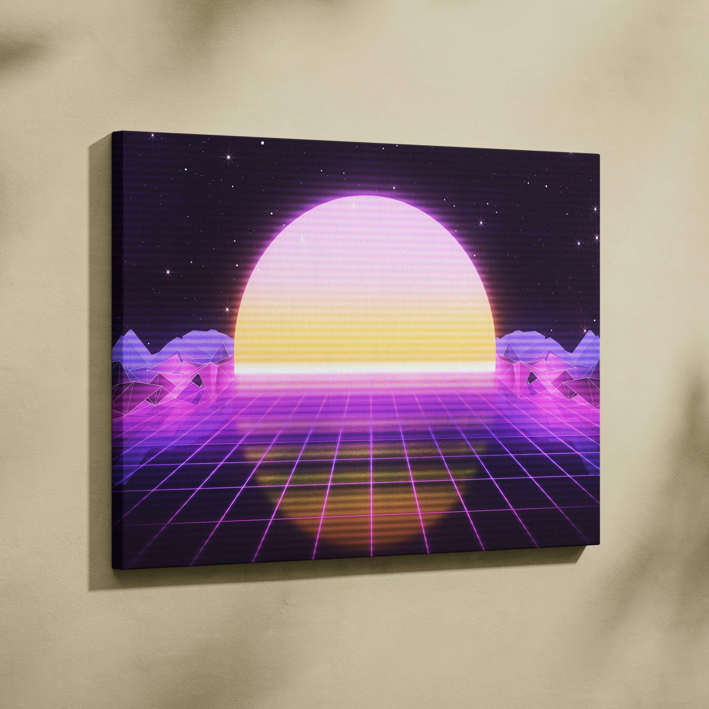 Vaporwave neon grid sunset canvas art print with glowing gradient sunset purple and yellow geometric landscape
