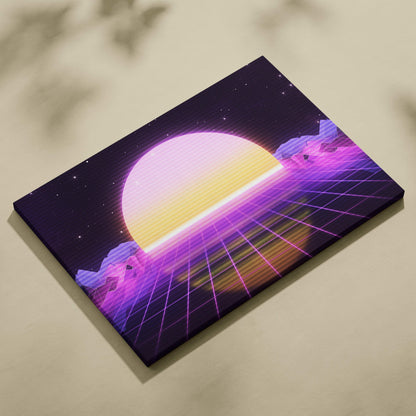 Vaporwave neon grid sunset canvas art print featuring a glowing gradient sun over purple pink and yellow geometric landscapes