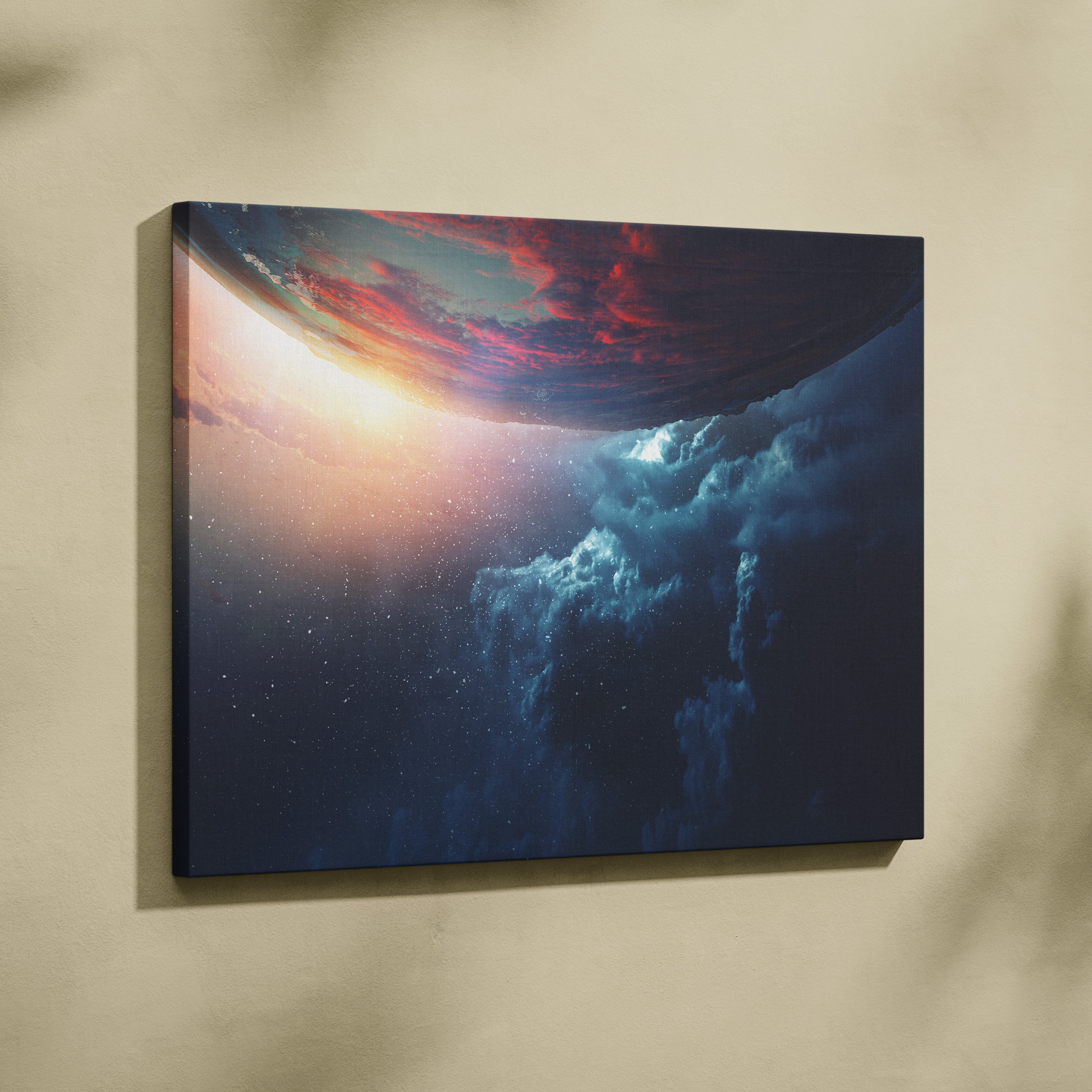 Rectangular canvas print depicting a cosmic scene with blue and red nebulae and a radiant sunburst for modern bedrooms