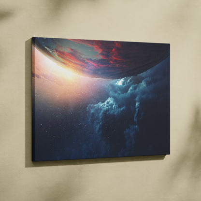 Rectangular canvas print depicting a cosmic scene with blue and red nebulae and a radiant sunburst for modern bedrooms
