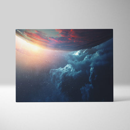 A rectangular canvas print featuring a blue and red cosmic ocean sky with sunburst for modern bedroom decor