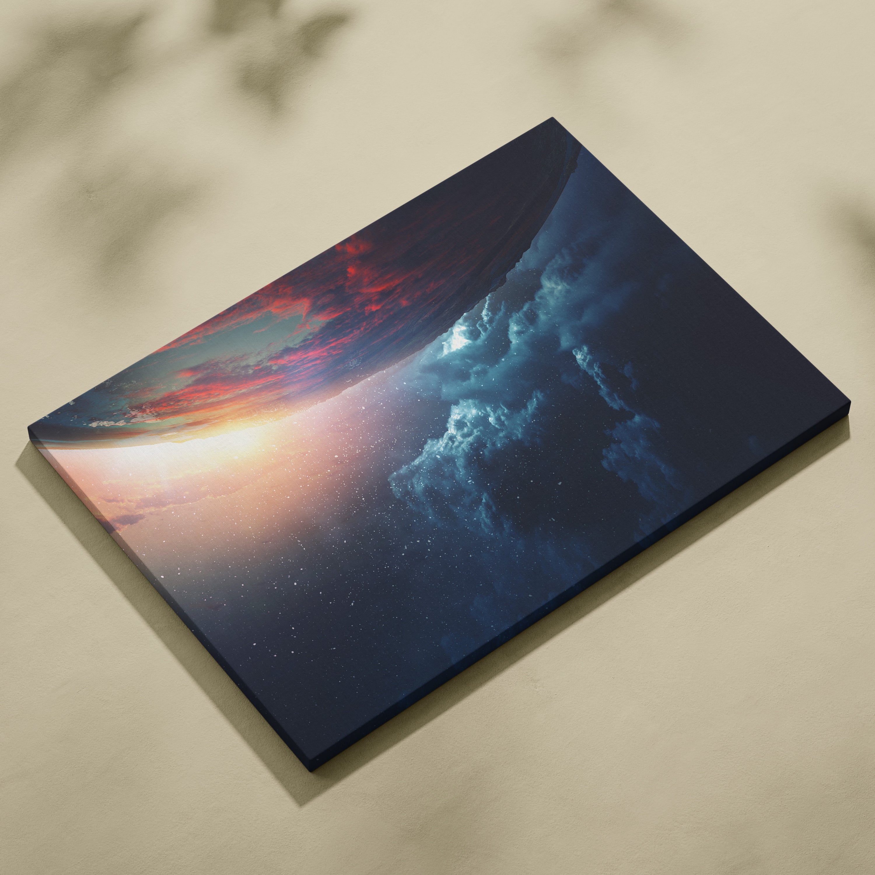 A rectangular canvas print of cosmic ocean sky art in deep blue red and orange for moody modern bedroom decor