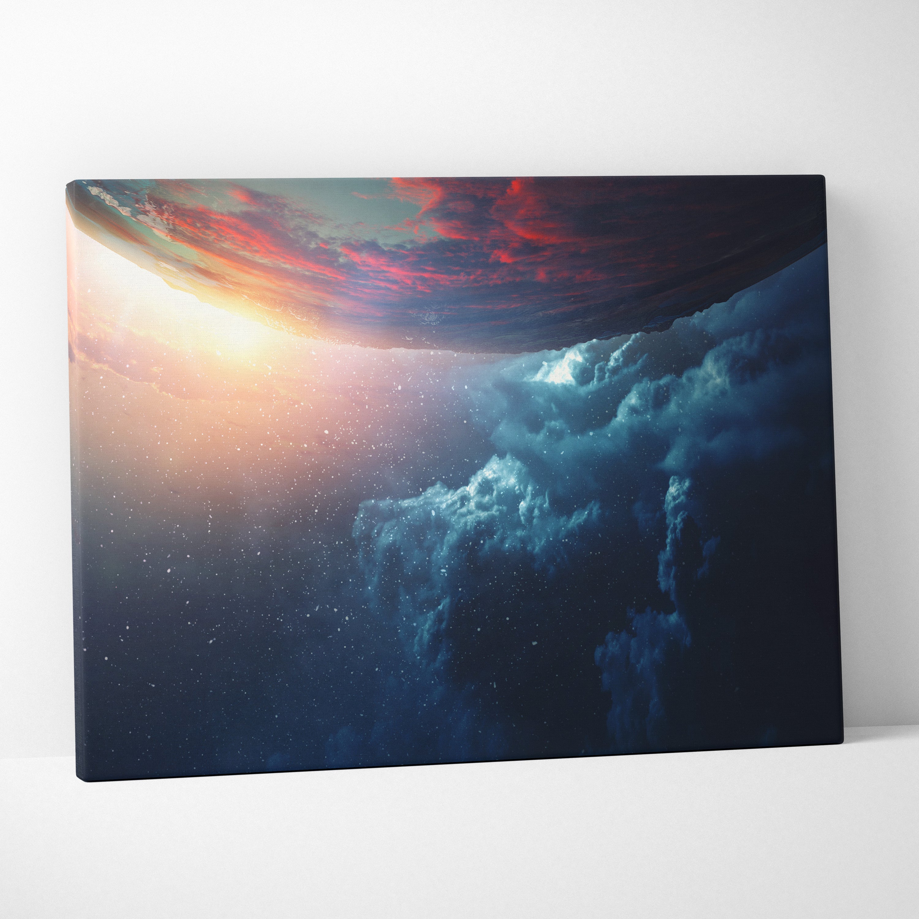 Rectangular canvas print featuring a cosmic ocean sky with swirling blue and purple clouds lit by warm orange light