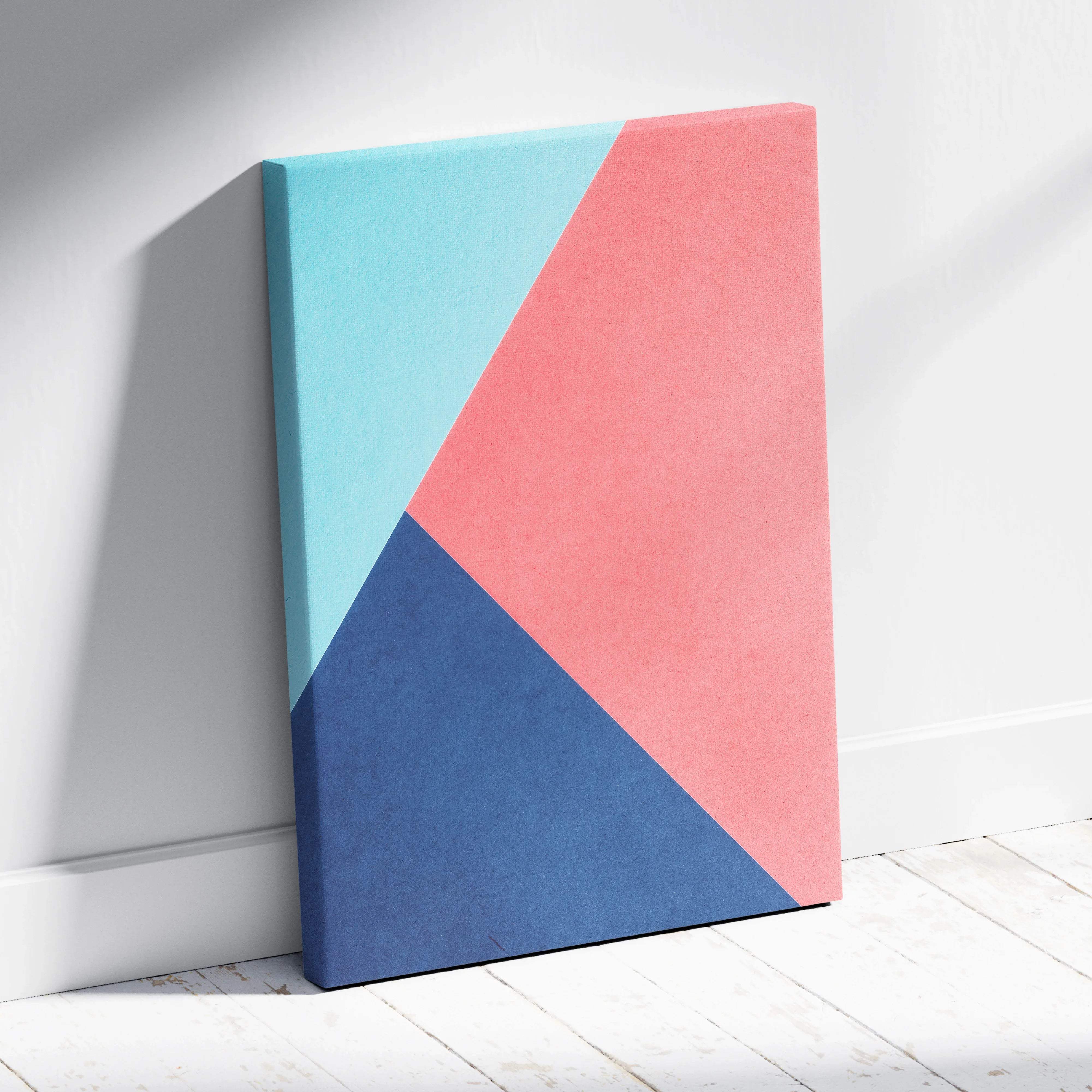 Minimalist geometric diagonal block canvas wall art in teal, coral pink, deep navy