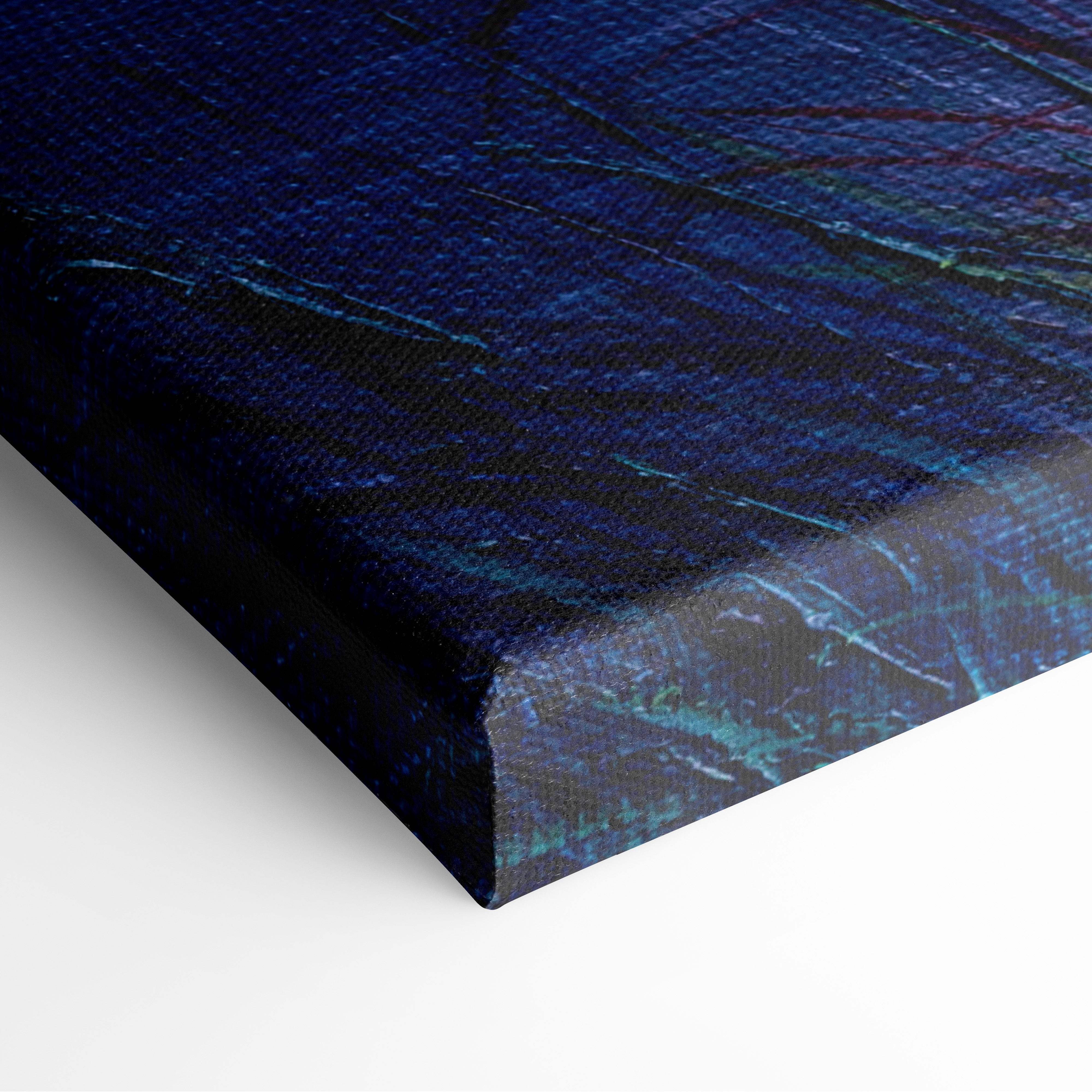 Deep blue abstract canvas print with textured teal and black marbled patterns for serene forest reflection decor