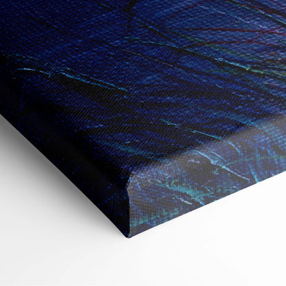 Deep blue abstract canvas print with textured teal and black marbled patterns for serene forest reflection decor