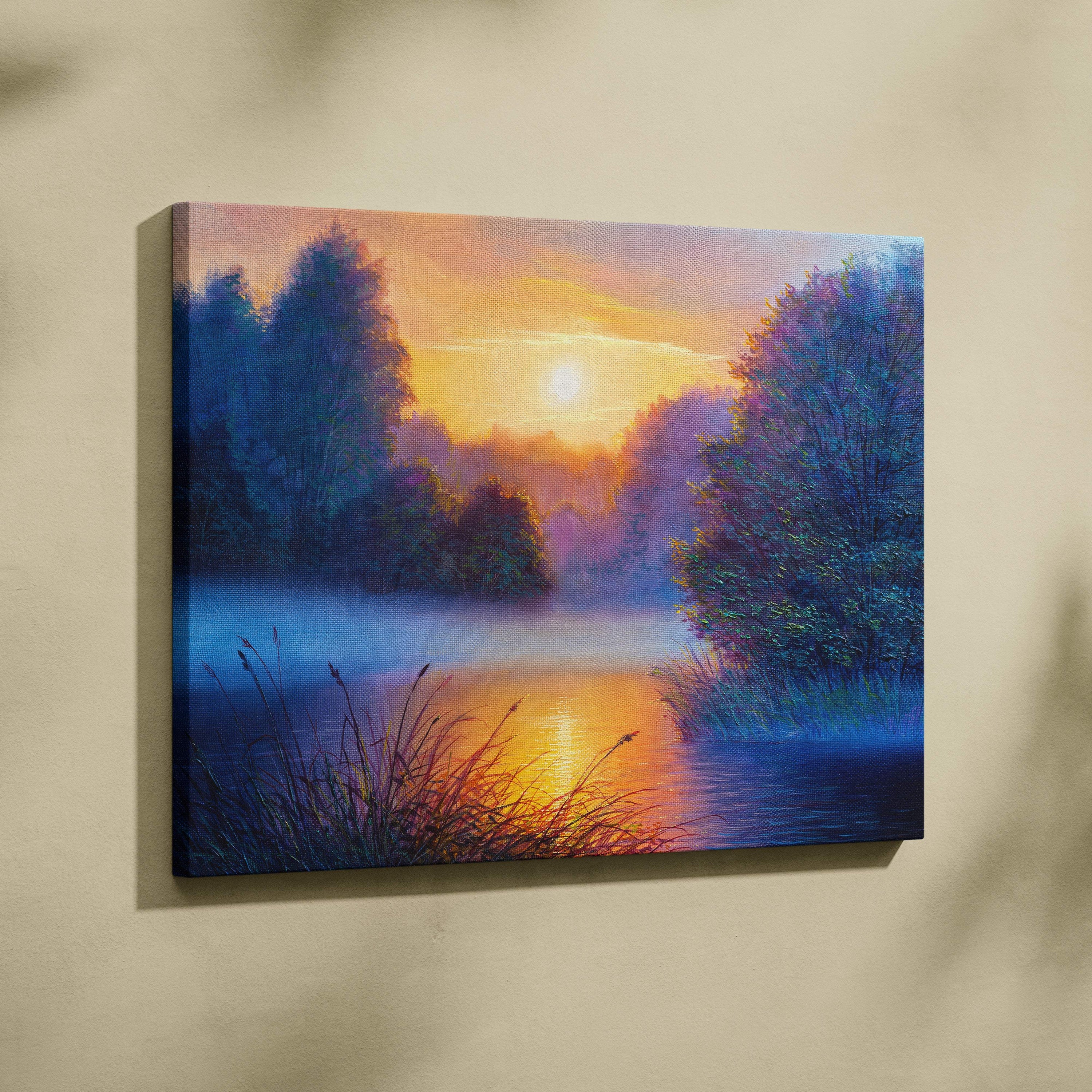 Misty sunrise lake painting style wall art canvas print with warm orange and yellow hues reflecting on a misty lake