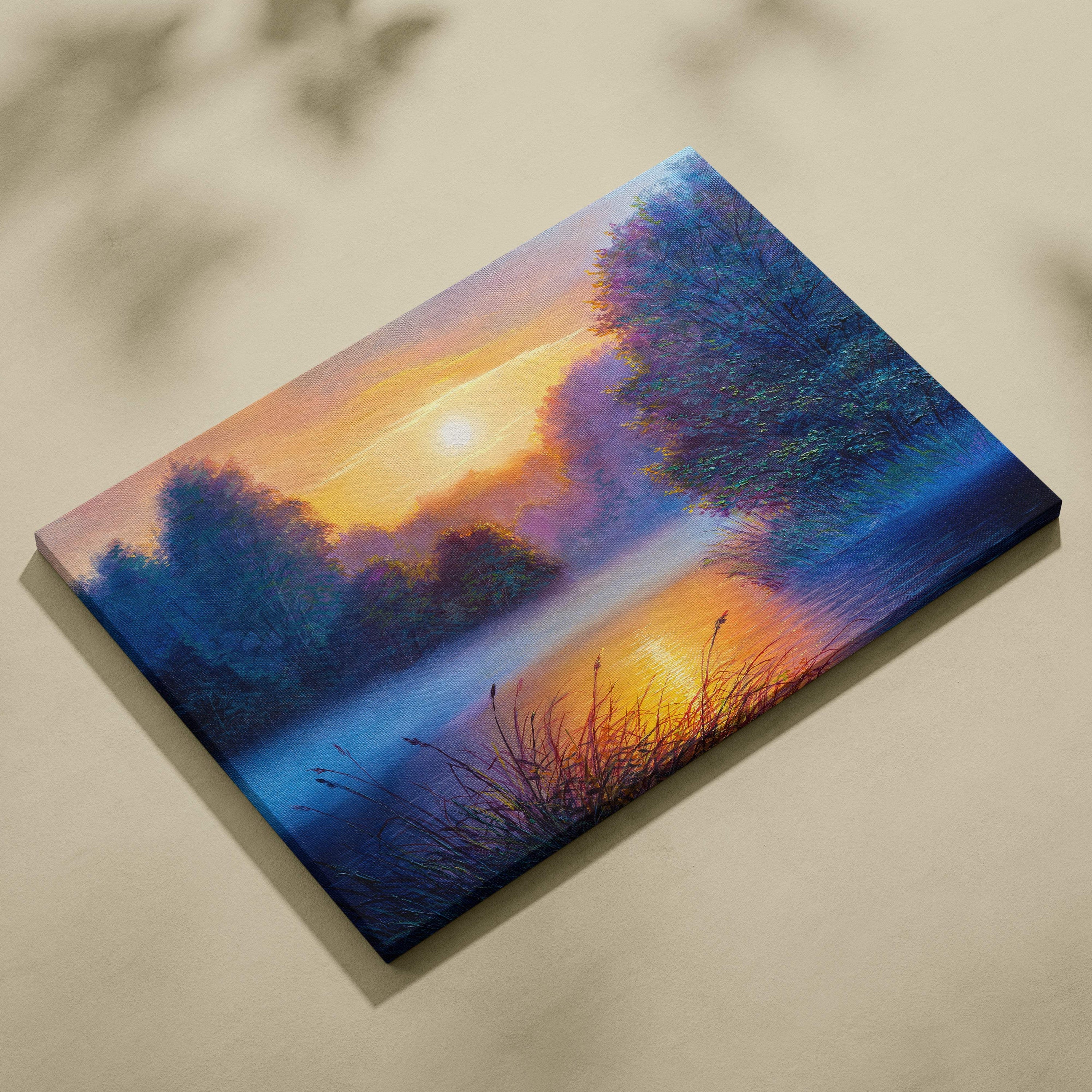 A vibrant canvas painting of a sunset over water with bold orange and blue brushstrokes and silhouetted trees wall art