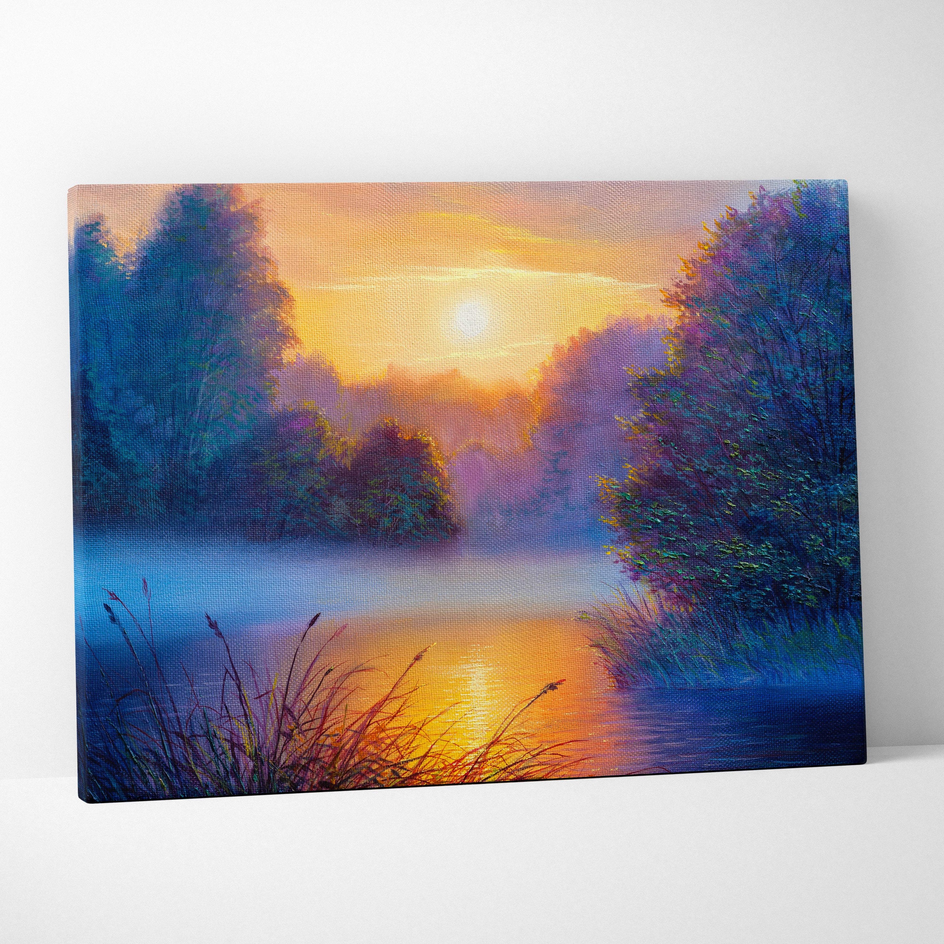A vibrant canvas print of a misty river sunset with warm orange hues and deep blue trees for serene wall art