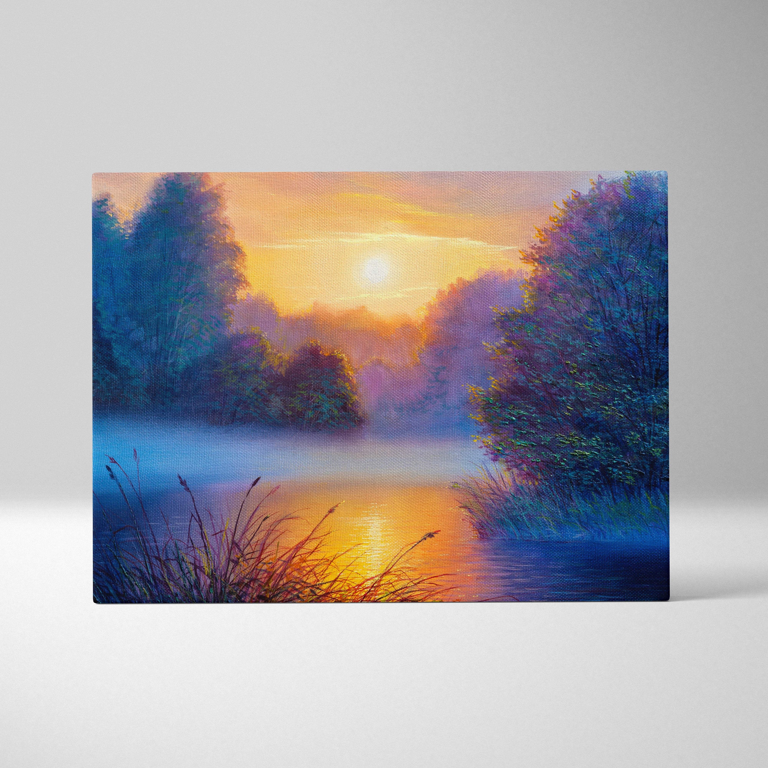 A vibrant canvas print of a misty river at sunset with warm golden light and deep blue and purple trees in a serene forest scene