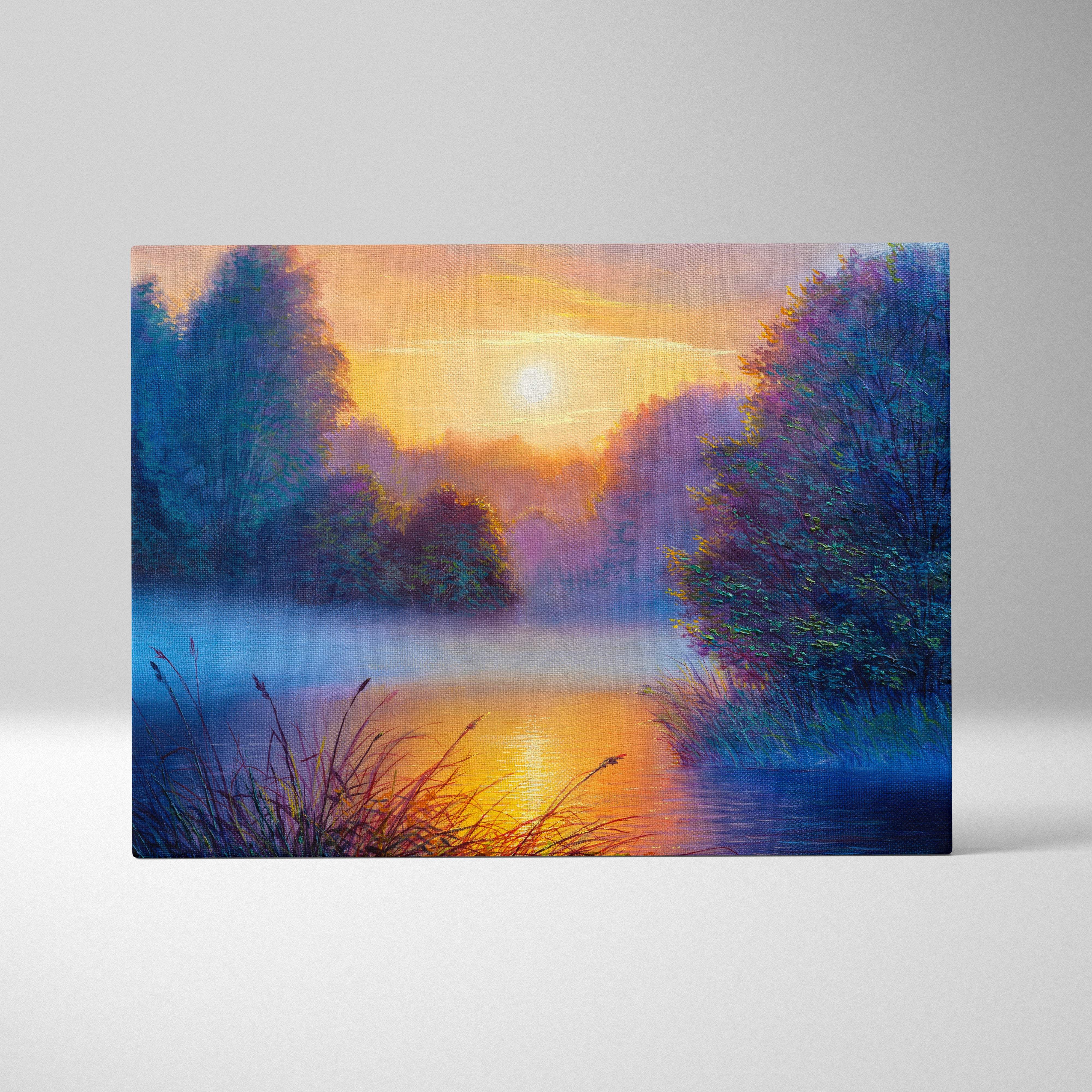 A vibrant canvas print of a misty river at sunset with warm golden light and deep blue and purple trees in a serene forest scene
