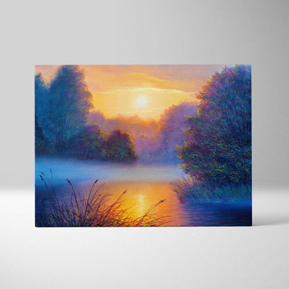 A vibrant canvas print of a misty river at sunset with warm golden light and deep blue and purple trees in a serene forest scene