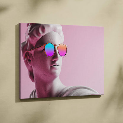Contemporary neon pink canvas wall art of a classical Greek statue head wearing vibrant gradient sunglasses