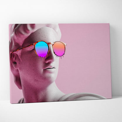 A canvas print of a classical marble statue head wearing round sunglasses with iridescent pink and blue lenses