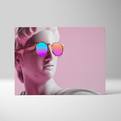 Contemporary canvas wall art of a white marble statue head wearing round sunglasses with iridescent pink and blue lenses