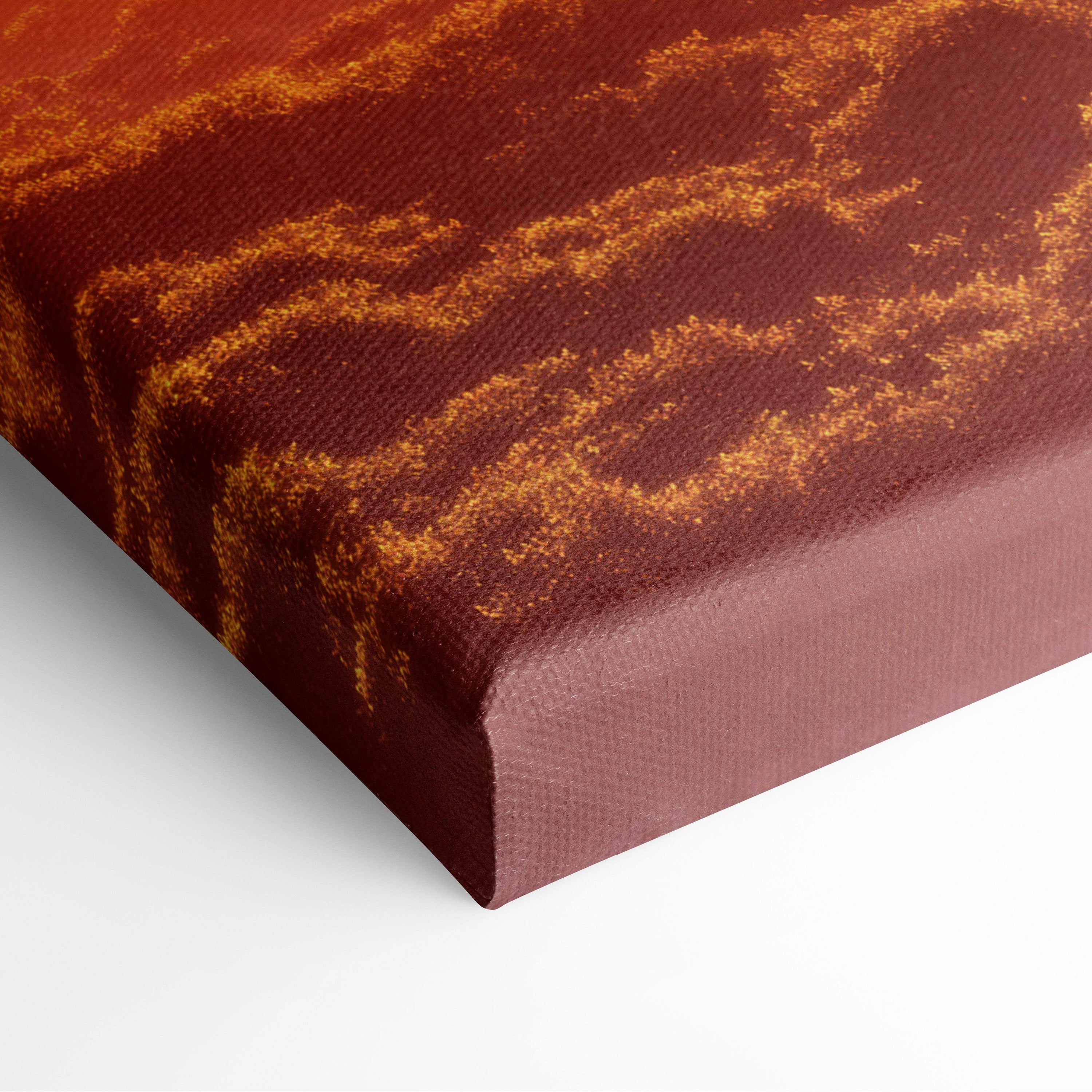 A textured canvas print with a deep red background and golden orange swirls for magical bedroom decor