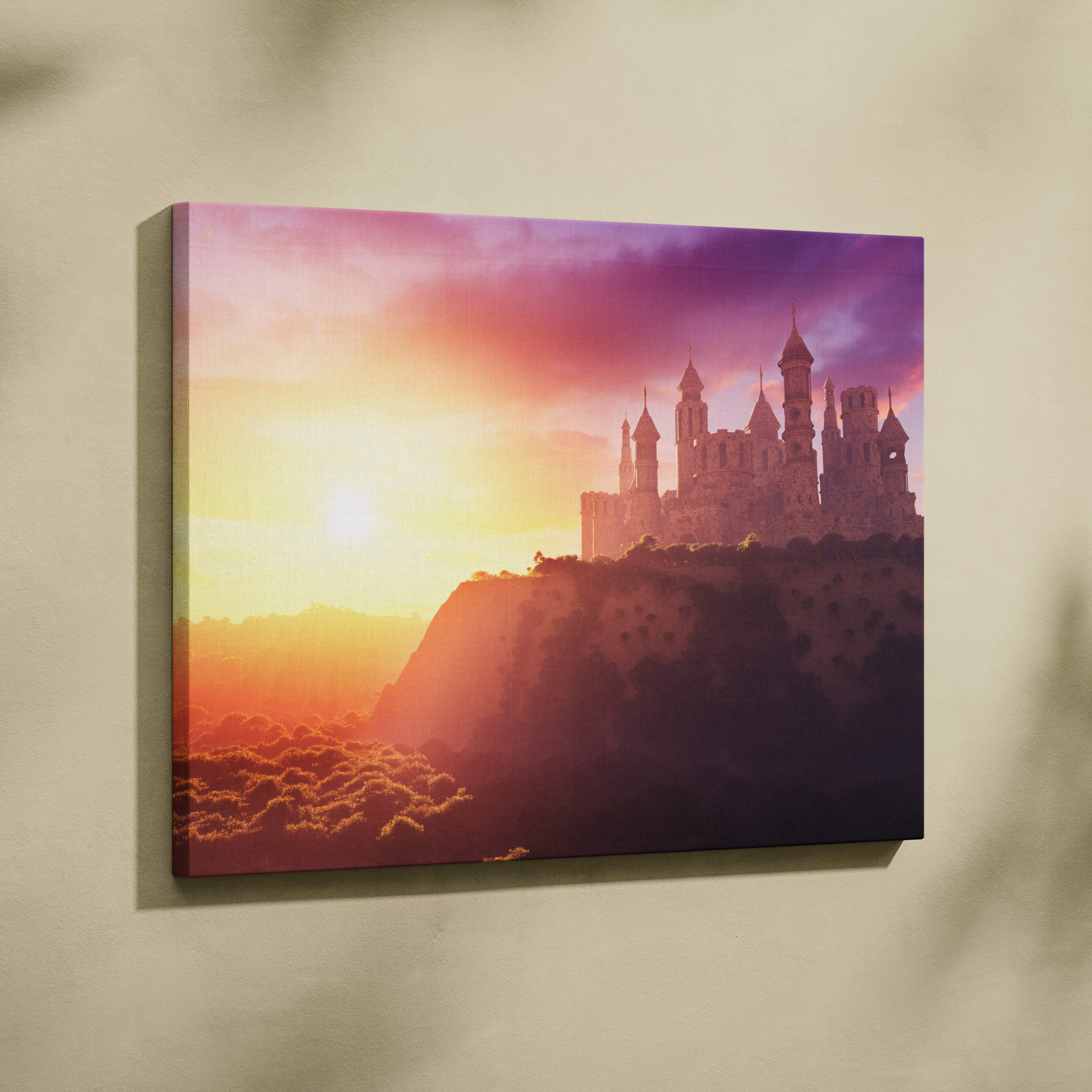 Rectangular canvas print featuring a fantasy castle silhouette against a pink orange sunset for magical bedroom decor