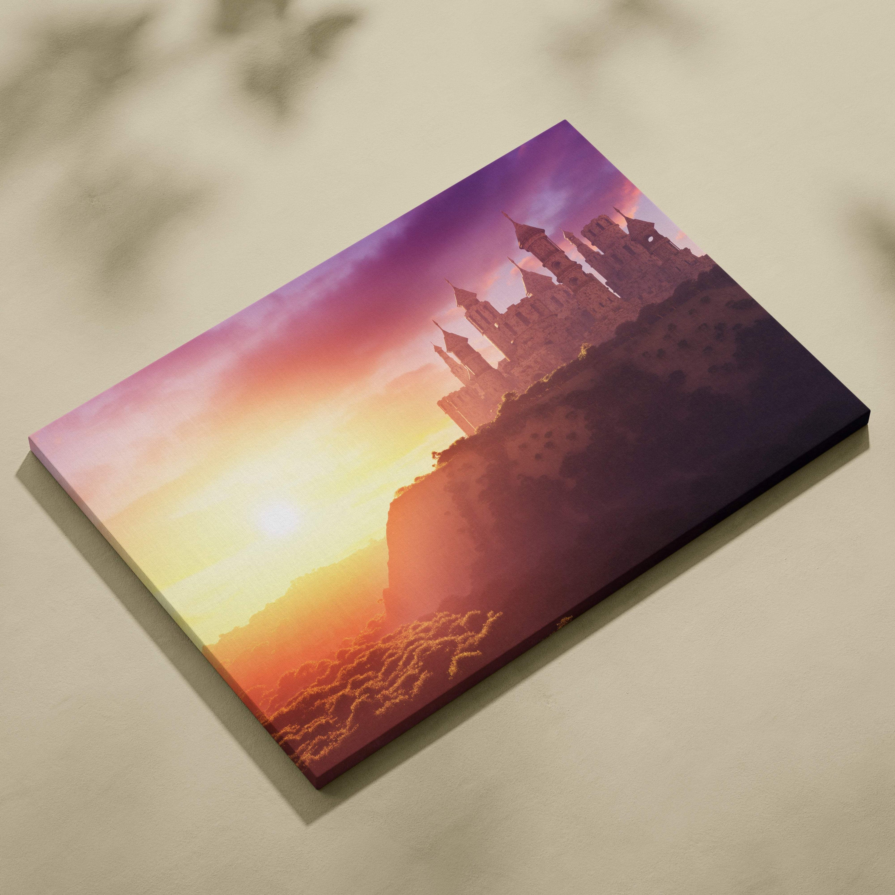 Rectangular canvas wall art featuring a stylized castle silhouette against a purple orange yellow sunset sky for magical decor