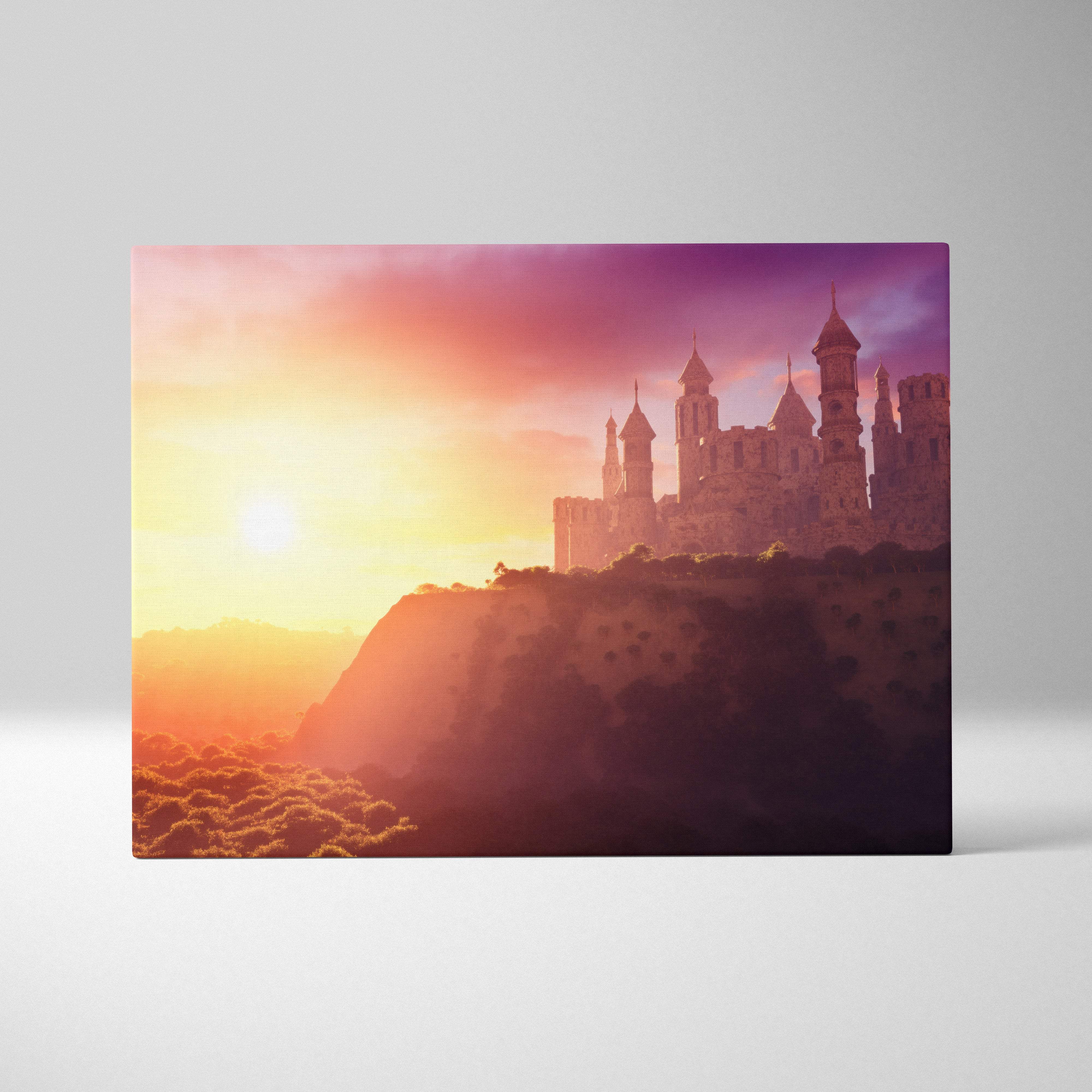 A rectangular canvas print of a fantasy castle on a cliff at sunset with pink orange fairytale landscape colors