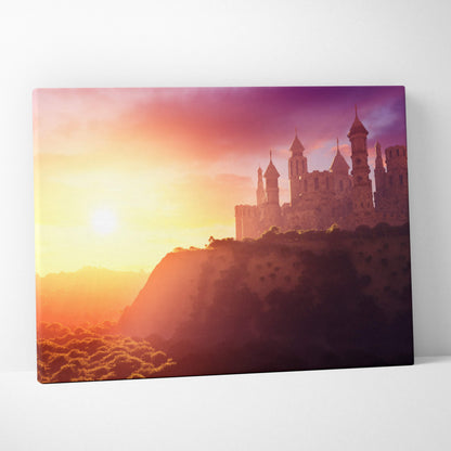 A rectangular canvas print of a fantasy castle silhouette against a vibrant pink orange sunset for magical bedroom decor
