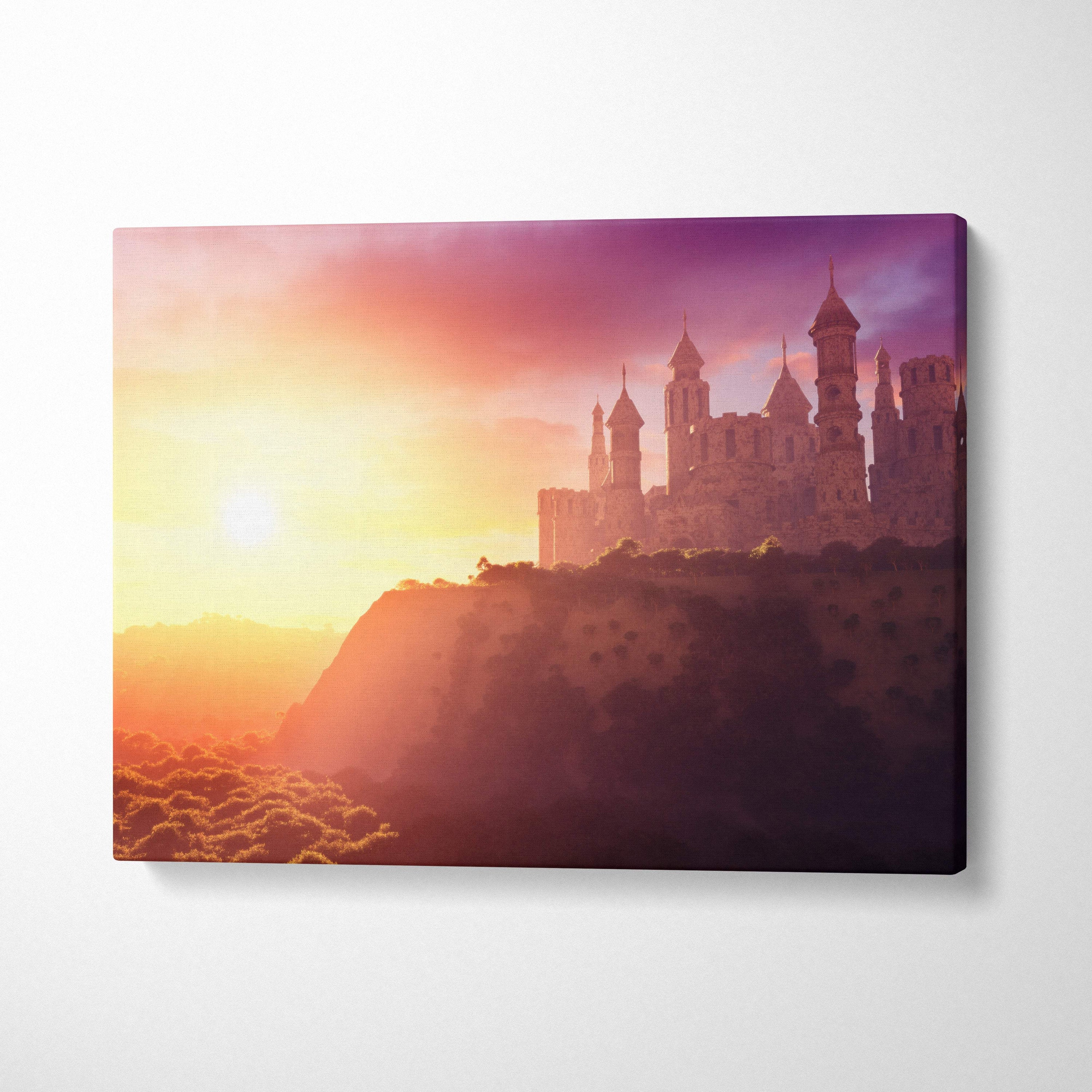 Rectangular canvas print of a fantasy castle silhouette against a vibrant pink orange sunset for magical bedroom decor