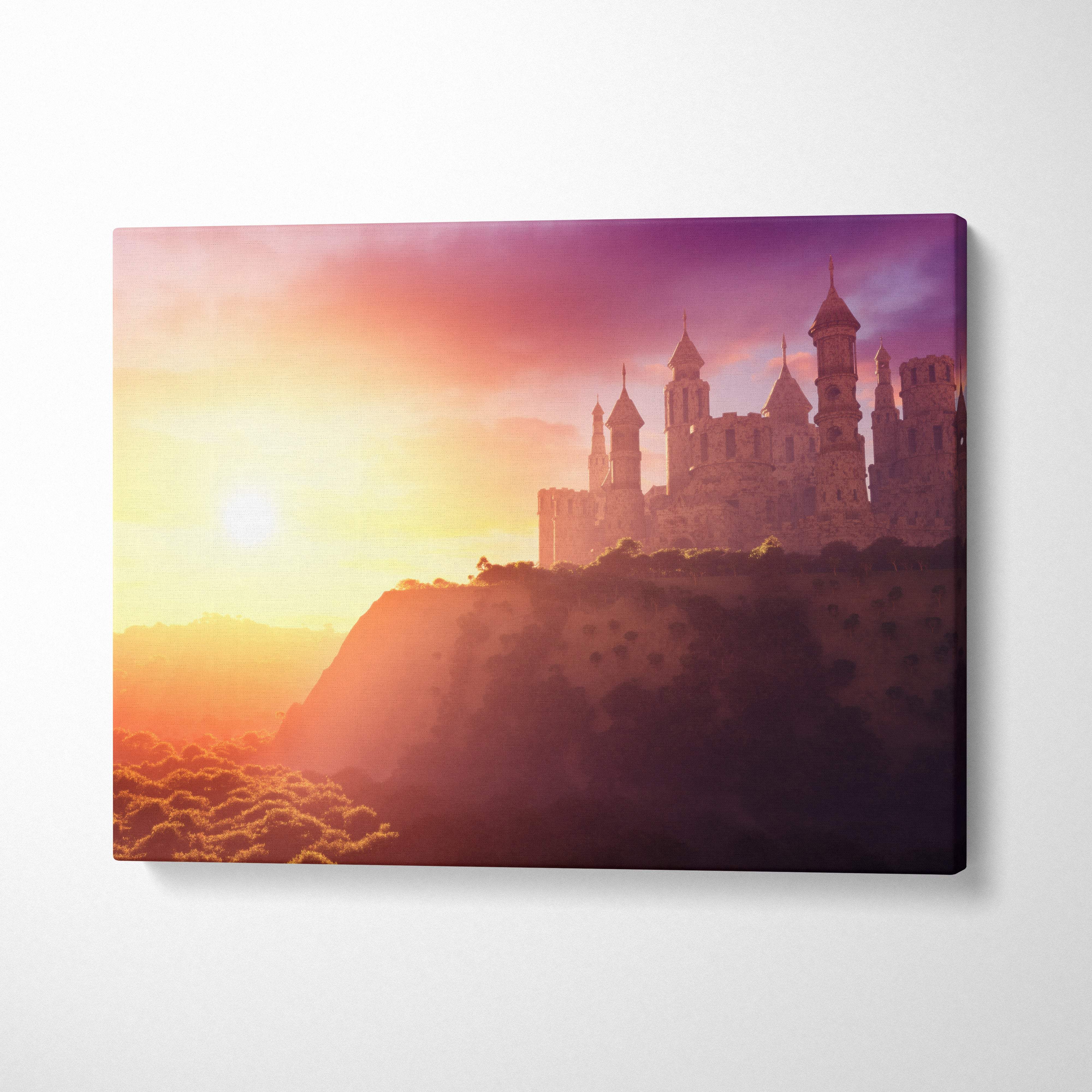 Rectangular canvas print of a fantasy castle silhouette against a vibrant pink orange sunset for magical bedroom decor