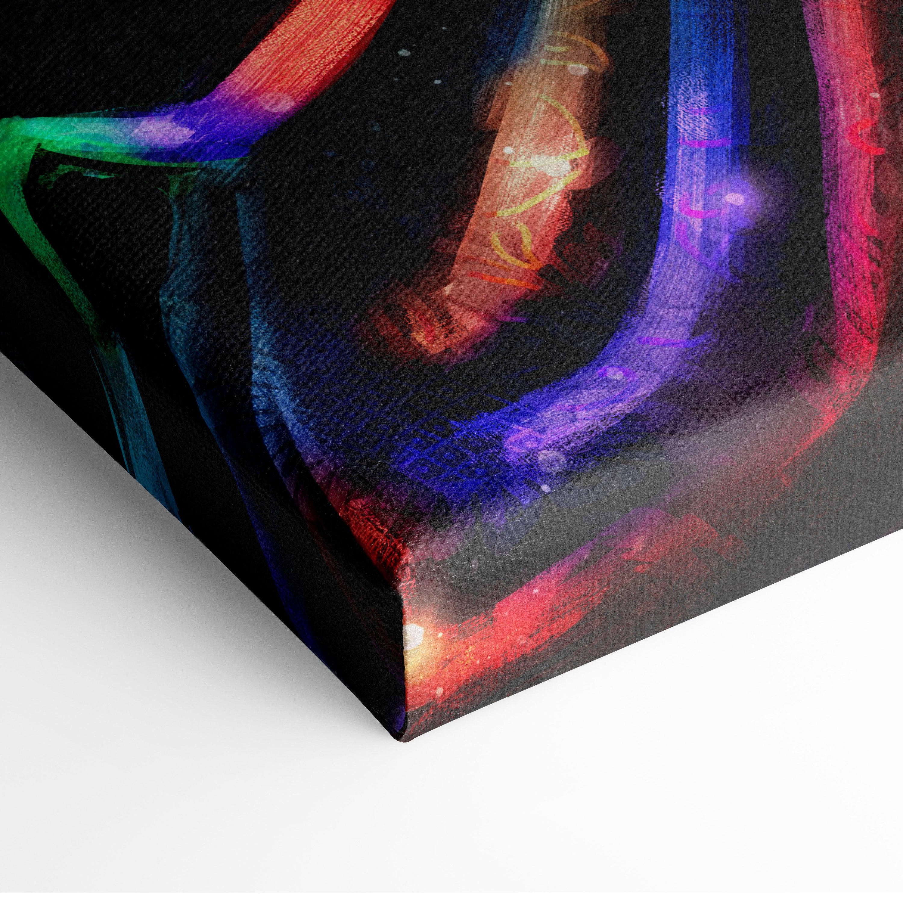 Celestial Prism Guardian – Rainbow Angel Warrior Canvas Art, Vibrant Winged Knight with Sword, Luminous Fantasy Digital Painting Wall Decor