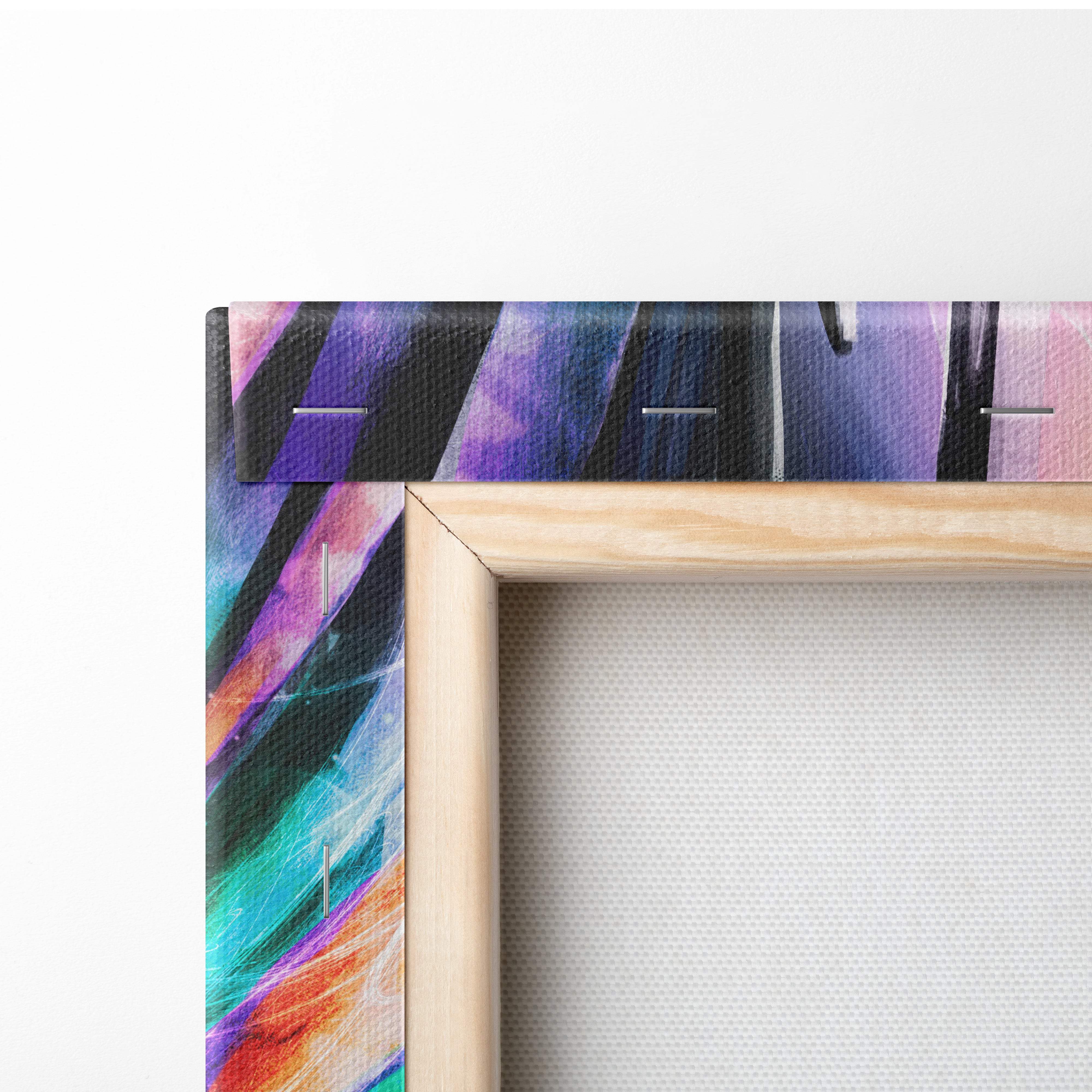 Celestial prism guardian vibrant winged knight canvas art with bold purple teal and orange streaks in light wooden frame