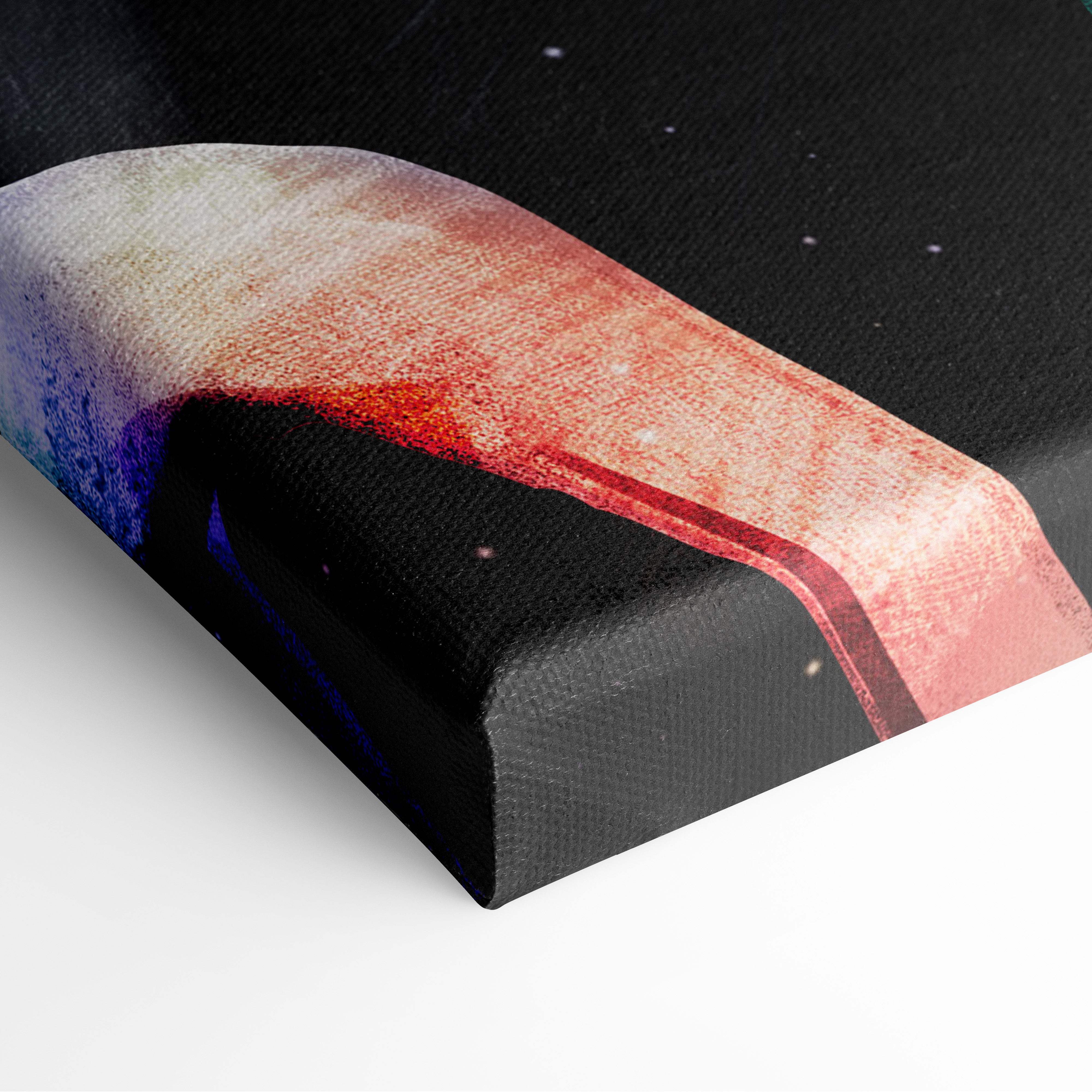 Black canvas print featuring celestial angel warrior fantasy armor with vibrant red orange and blue flowing gradients