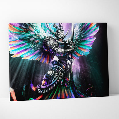 Celestial Angel Warrior Wall Art – Radiant Winged Knight with Sword, Vibrant Rainbow Feathers, Fantasy Armor Illustration, Divine Light Cosmic Decor Print