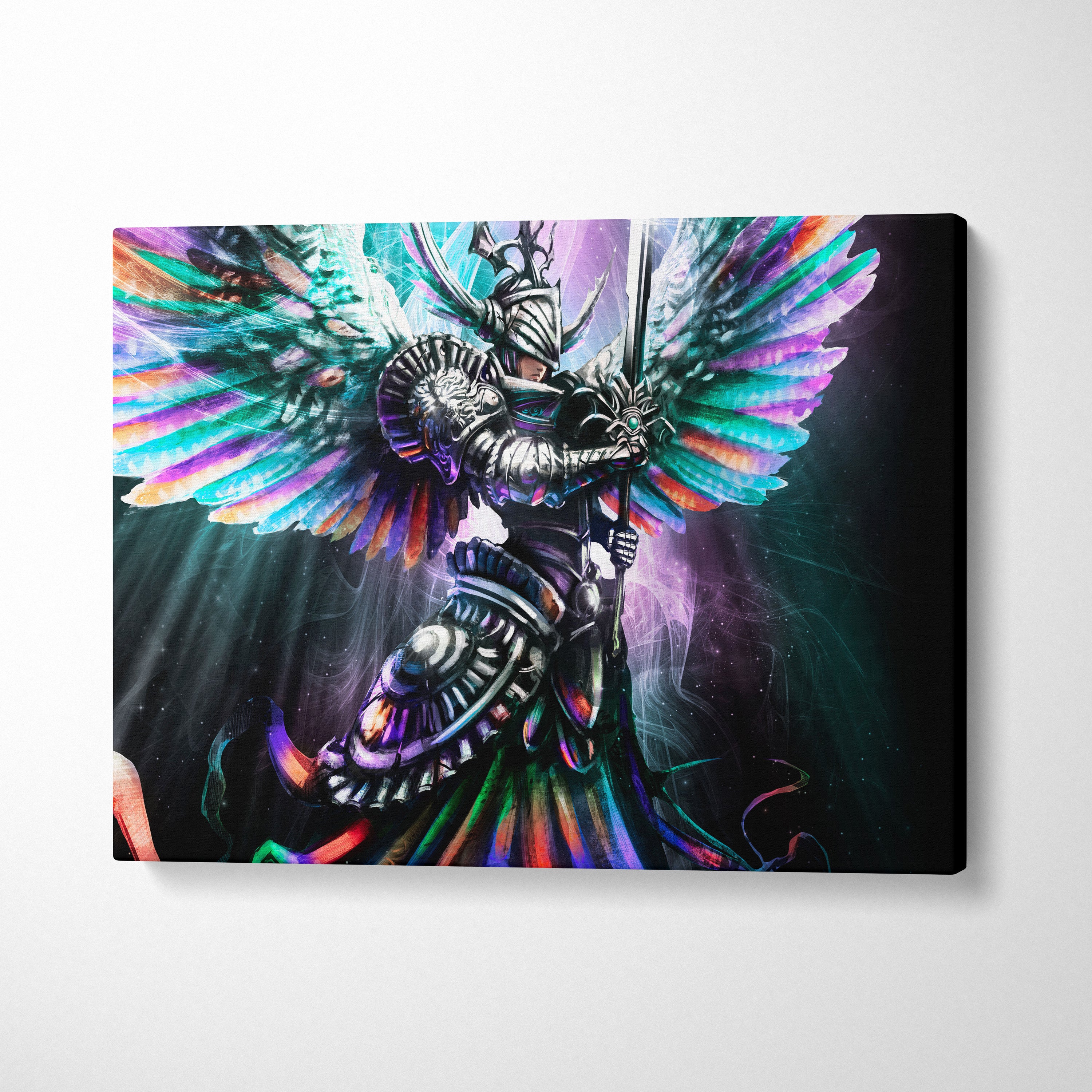 Celestial Angel Warrior Wall Art – Radiant Winged Knight with Sword, Vibrant Rainbow Feathers, Fantasy Armor Illustration, Divine Light Cosmic Decor Print
